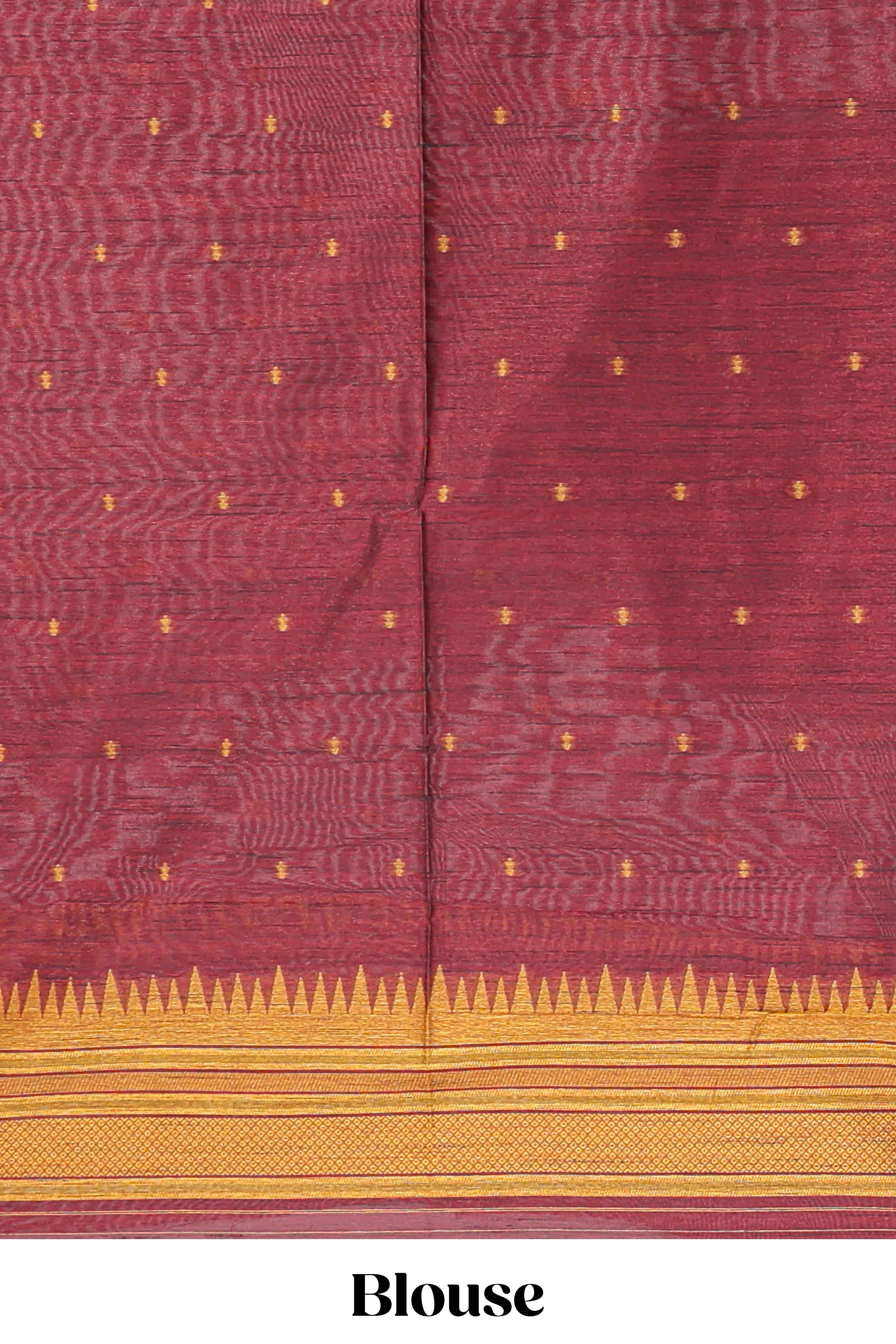 Mustard ikkat motifs design semi tussar saree with contrast border and striped blouse - Image 5