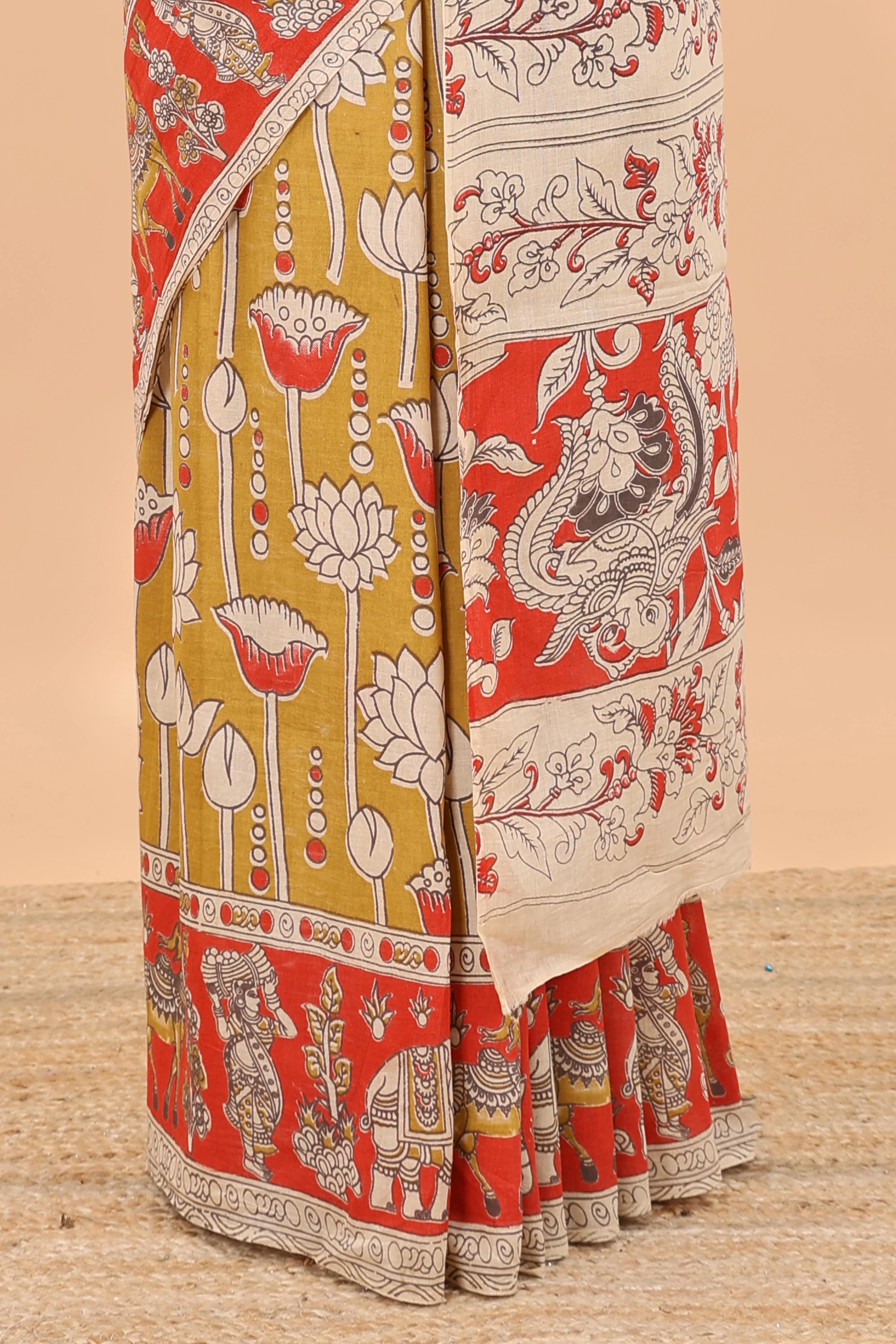 Mustard kalamkari printed cotton saree with traditional floral motifs and contrast pallu - Image 4