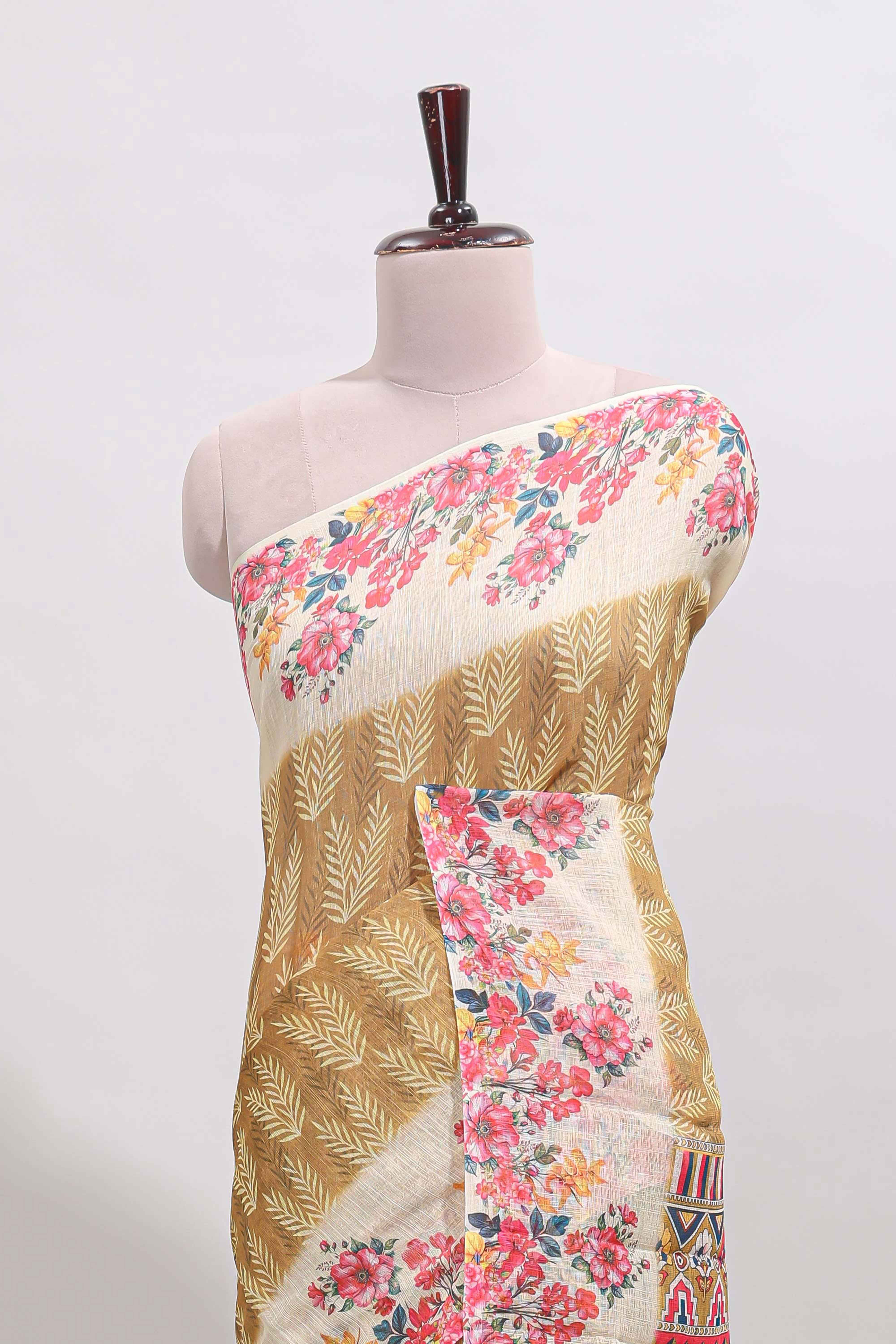 Mustard leaf print linen cotton saree with contrast floral design border and matching blouse - Image 3