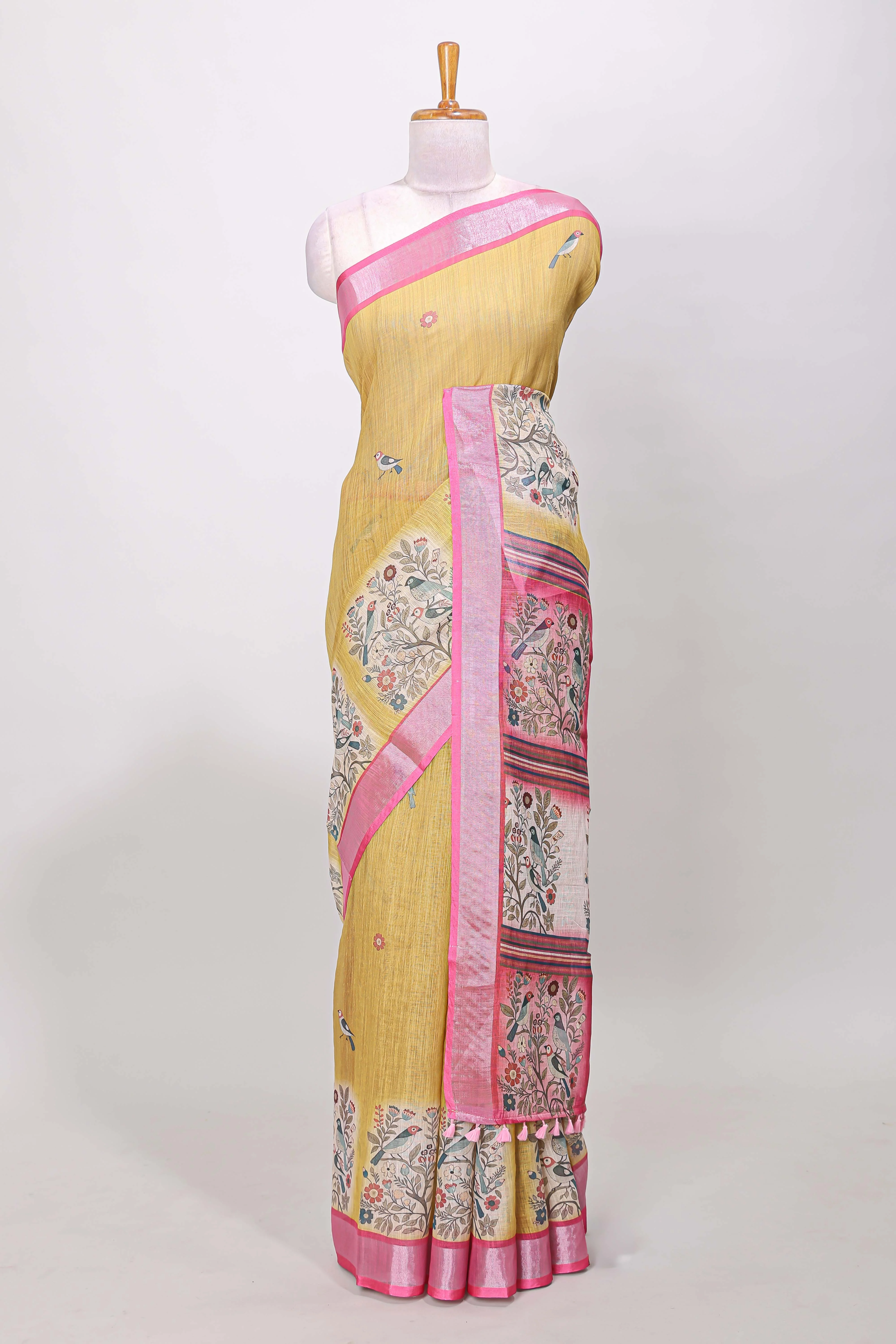 Mustard linen cotton saree with tiny birds and floral motifs and contrast silver zari border and blouse - Image 2
