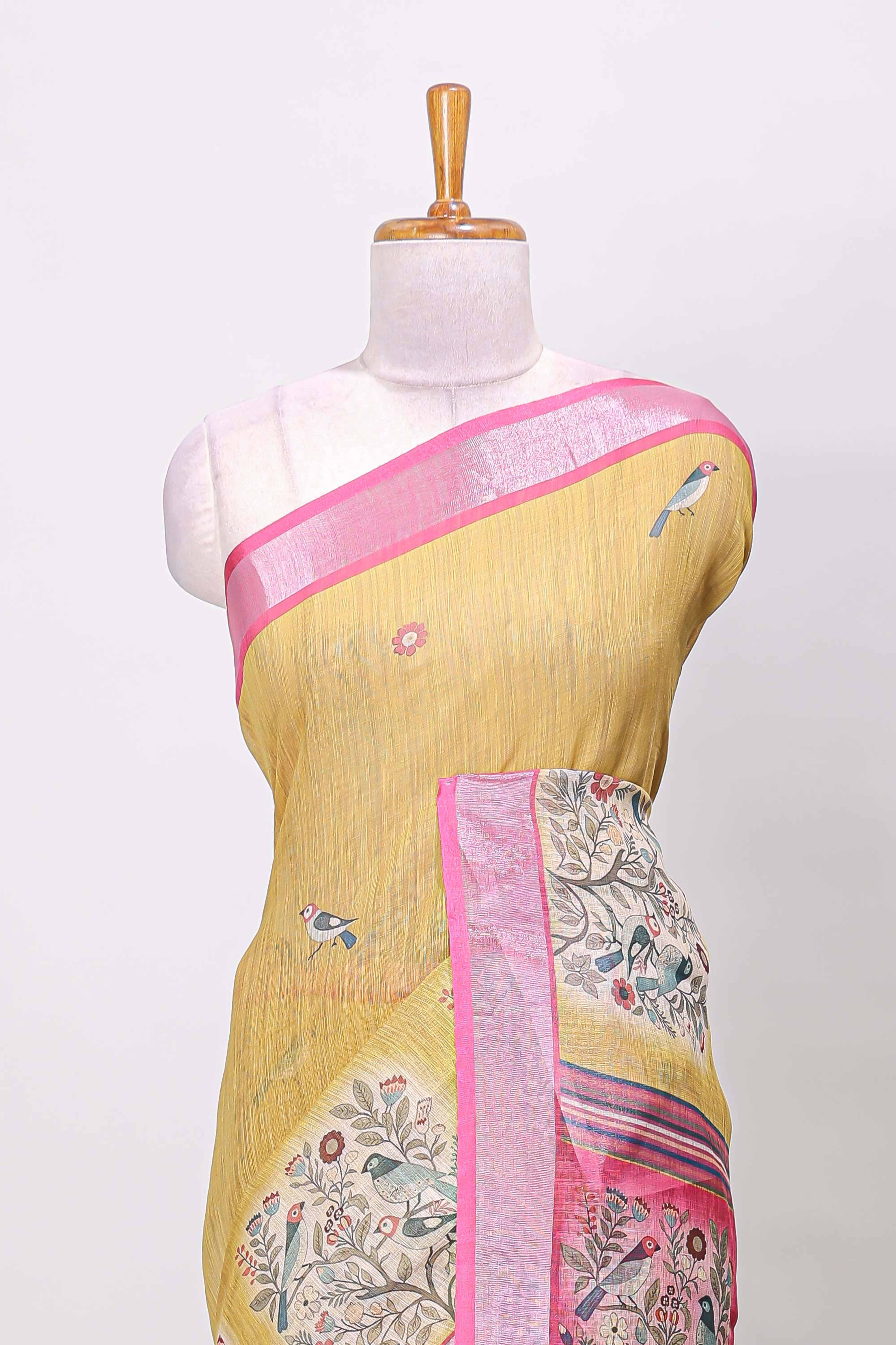 Mustard linen cotton saree with tiny birds and floral motifs and contrast silver zari border and blouse - Image 3