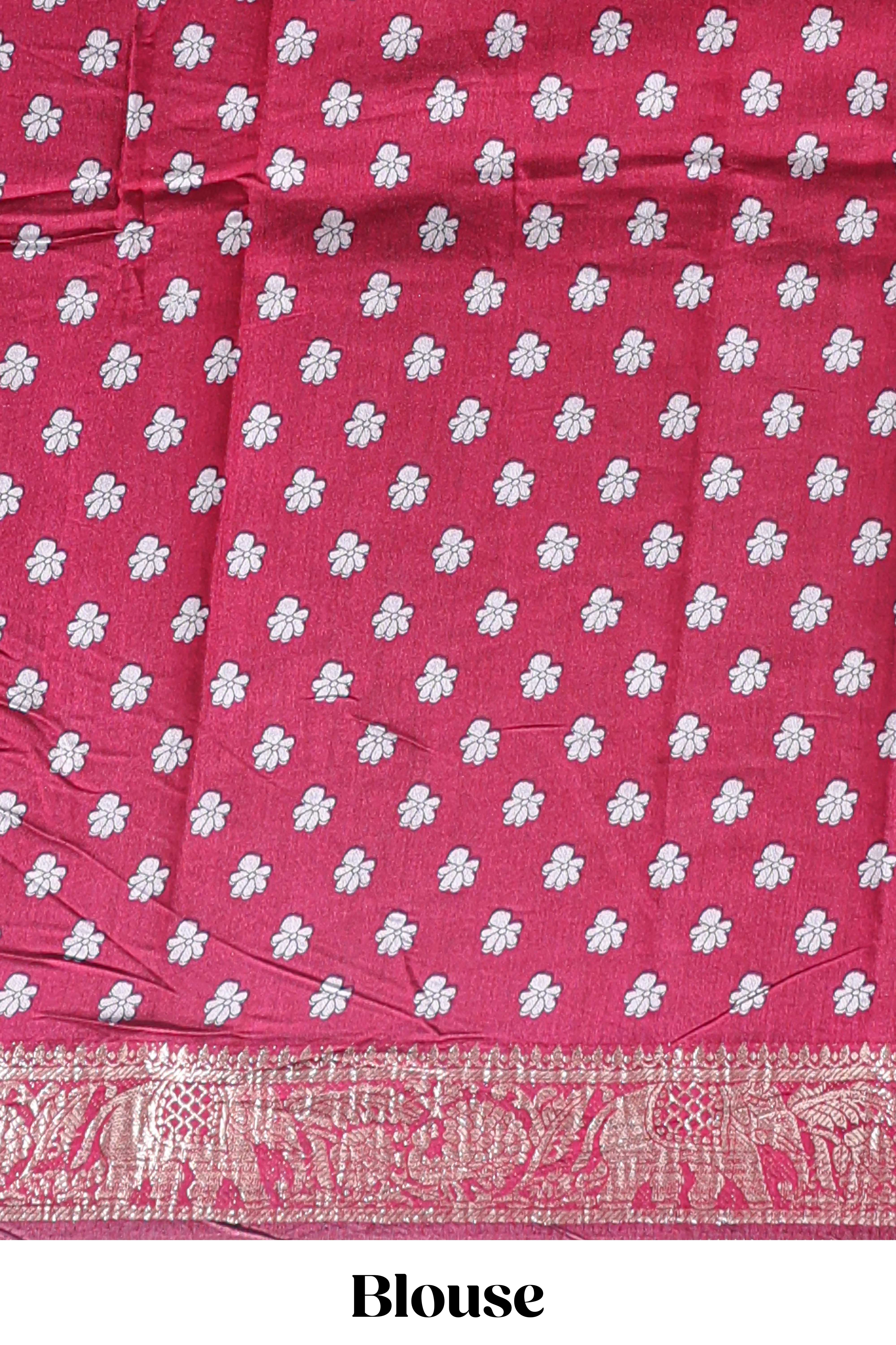 Mustard peacock & floral design marsh mellow saree with contrast border and printed blouse - Image 5