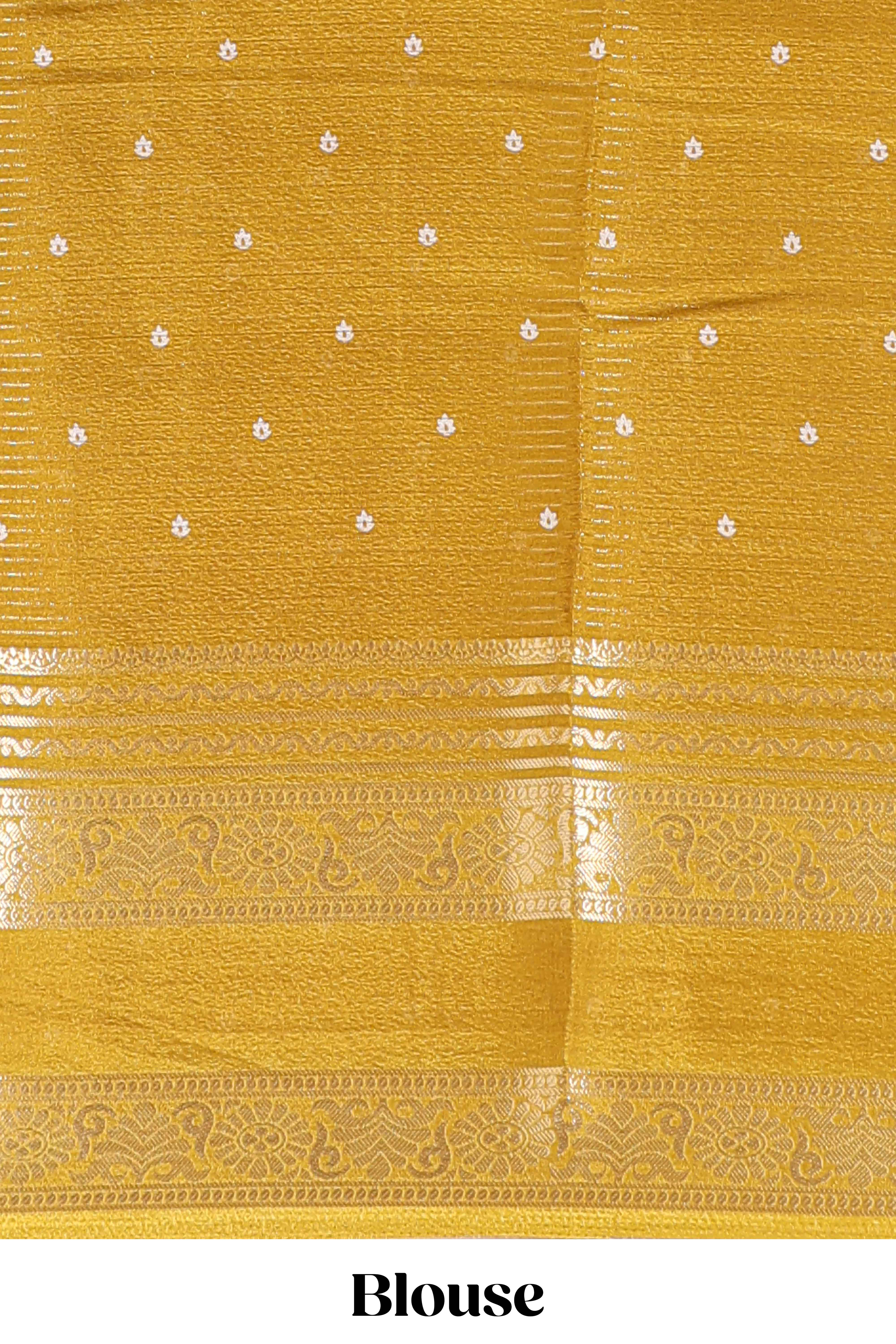 Mustard striped floral design marsh mellow saree with self zari border and matching printed blouse - Image 5
