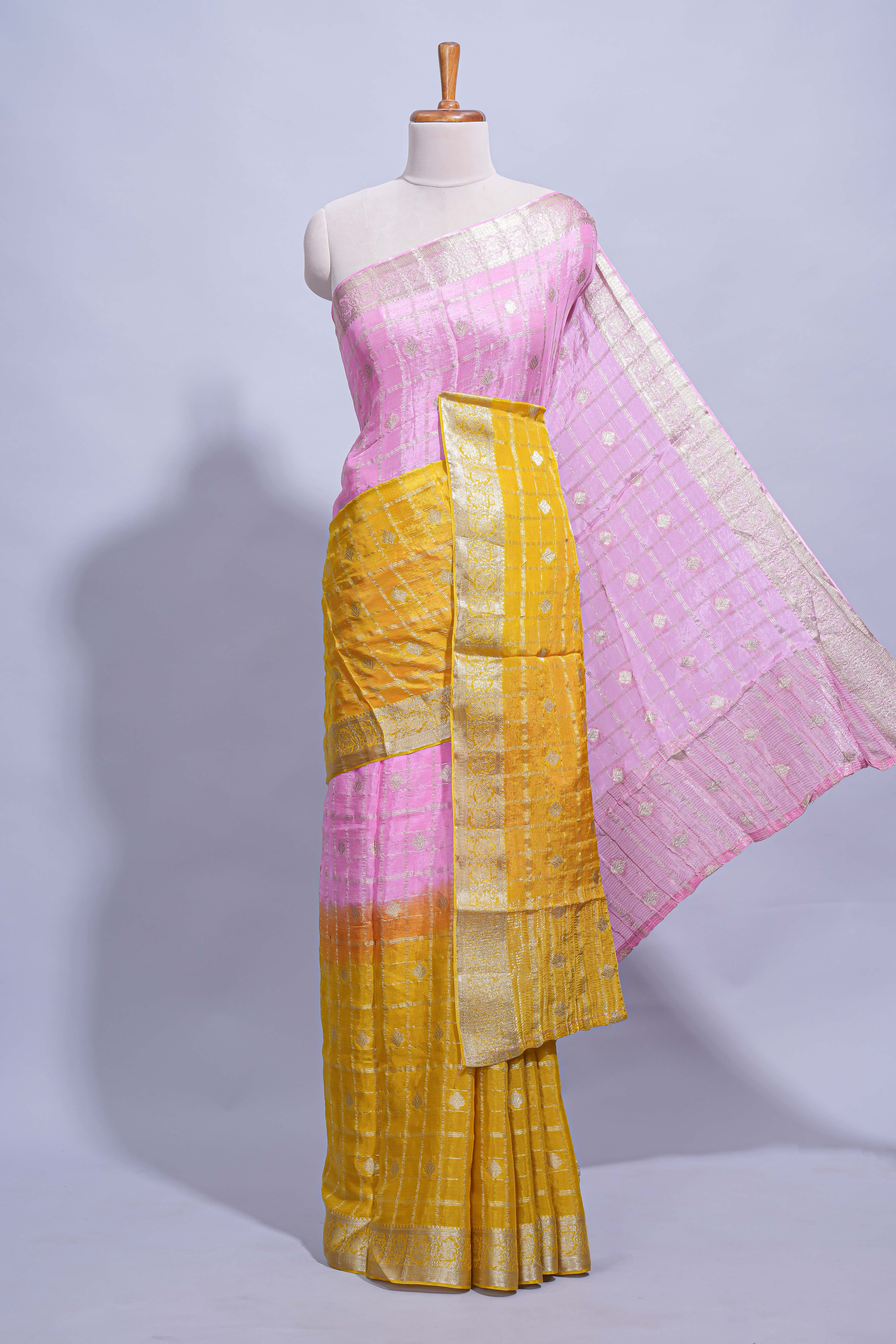 Mustard yellow and pink double shaded zari checks georgette saree with small zari border and self pallu along with matching zari buttas blouse piece - Image 2
