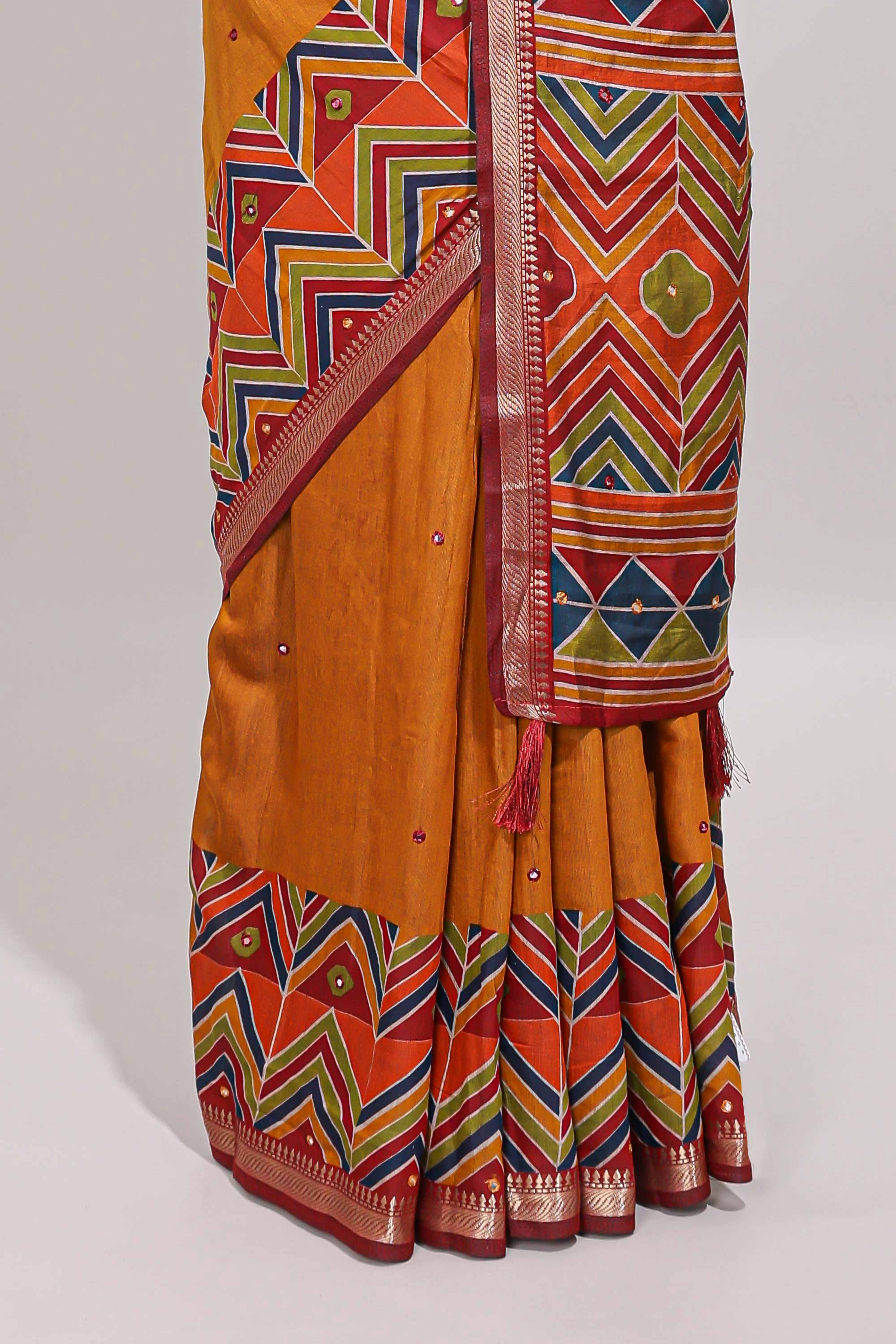 Mustard yellow embroidery mirror work viscose georgette saree with contrast chevron design zari border and printed pallu - Image 4