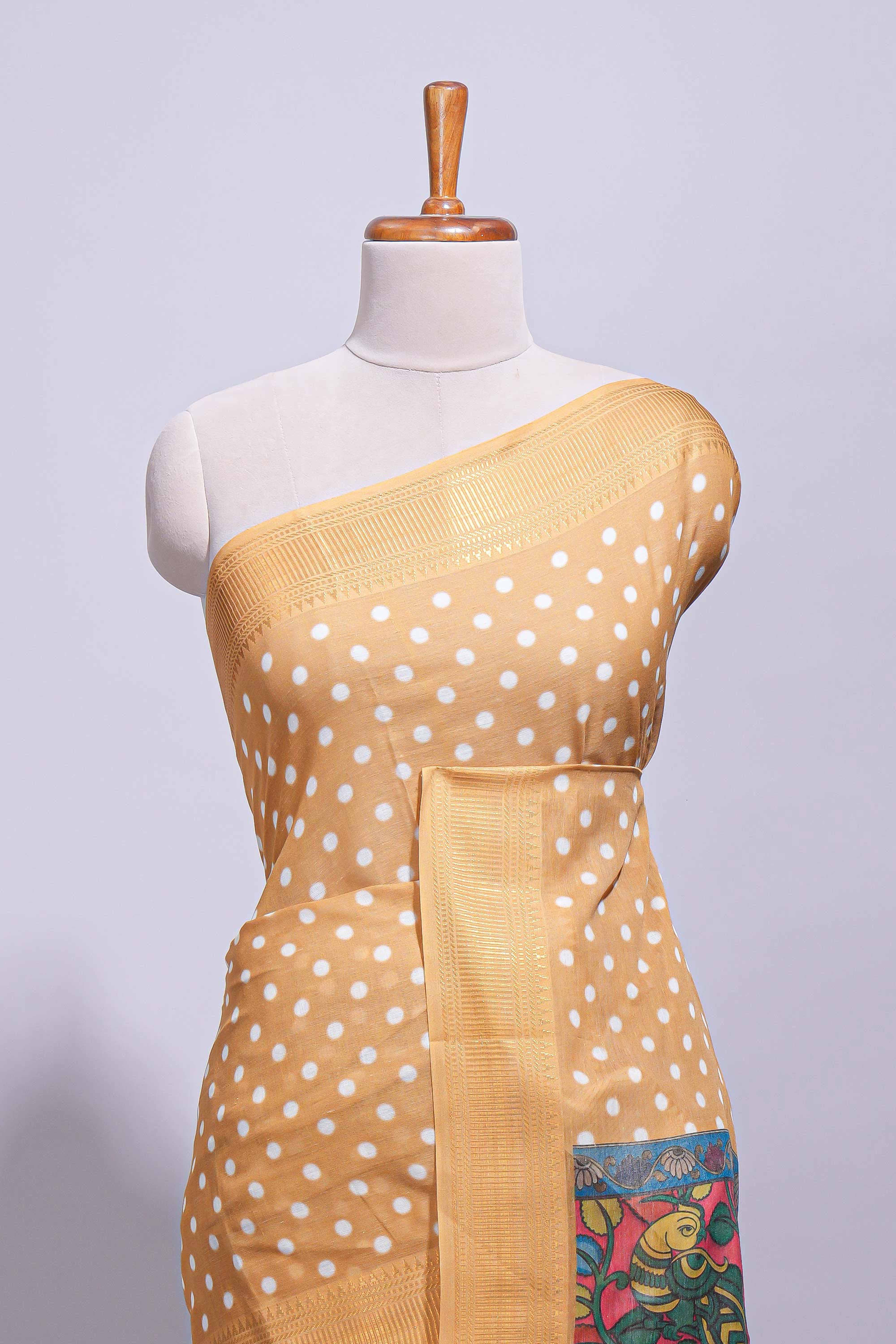 Mustard yellow linen saree white polka dot pattern all over the body and self zari border with printed pallu along with printed blouse - Image 3