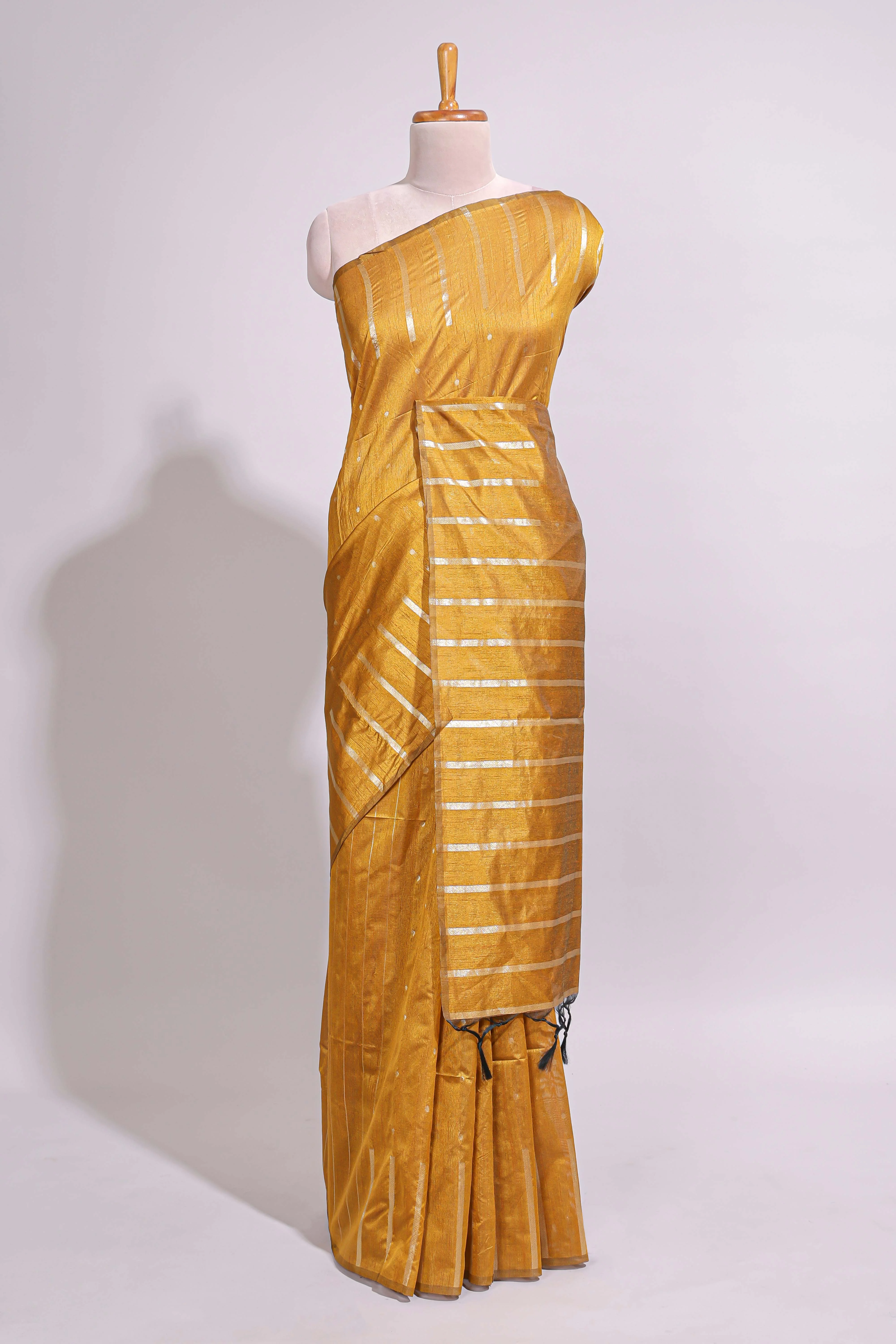 Mustard zari butta art tusser saree with self border and striped blouse - Image 2