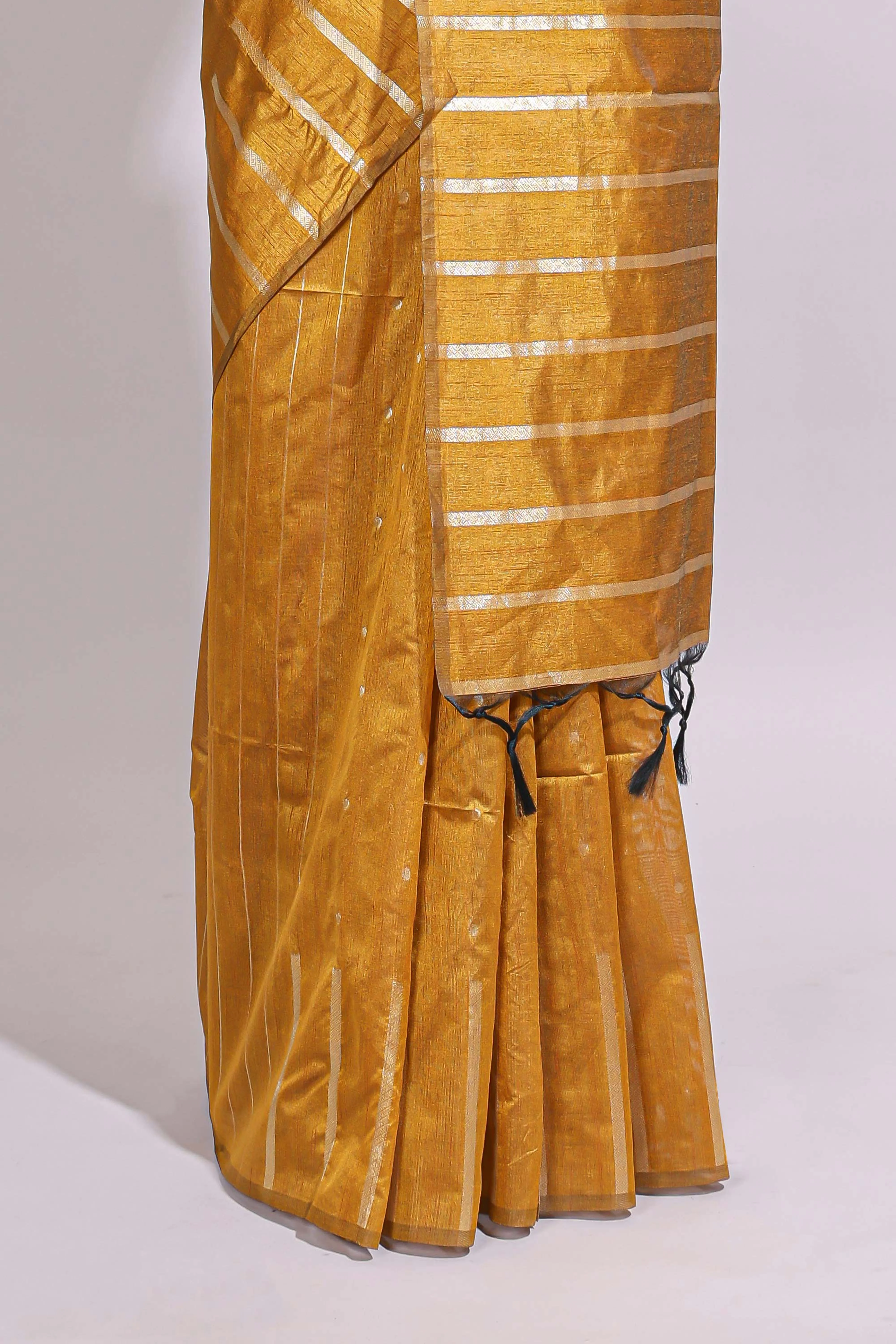Mustard zari butta art tusser saree with self border and striped blouse - Image 4