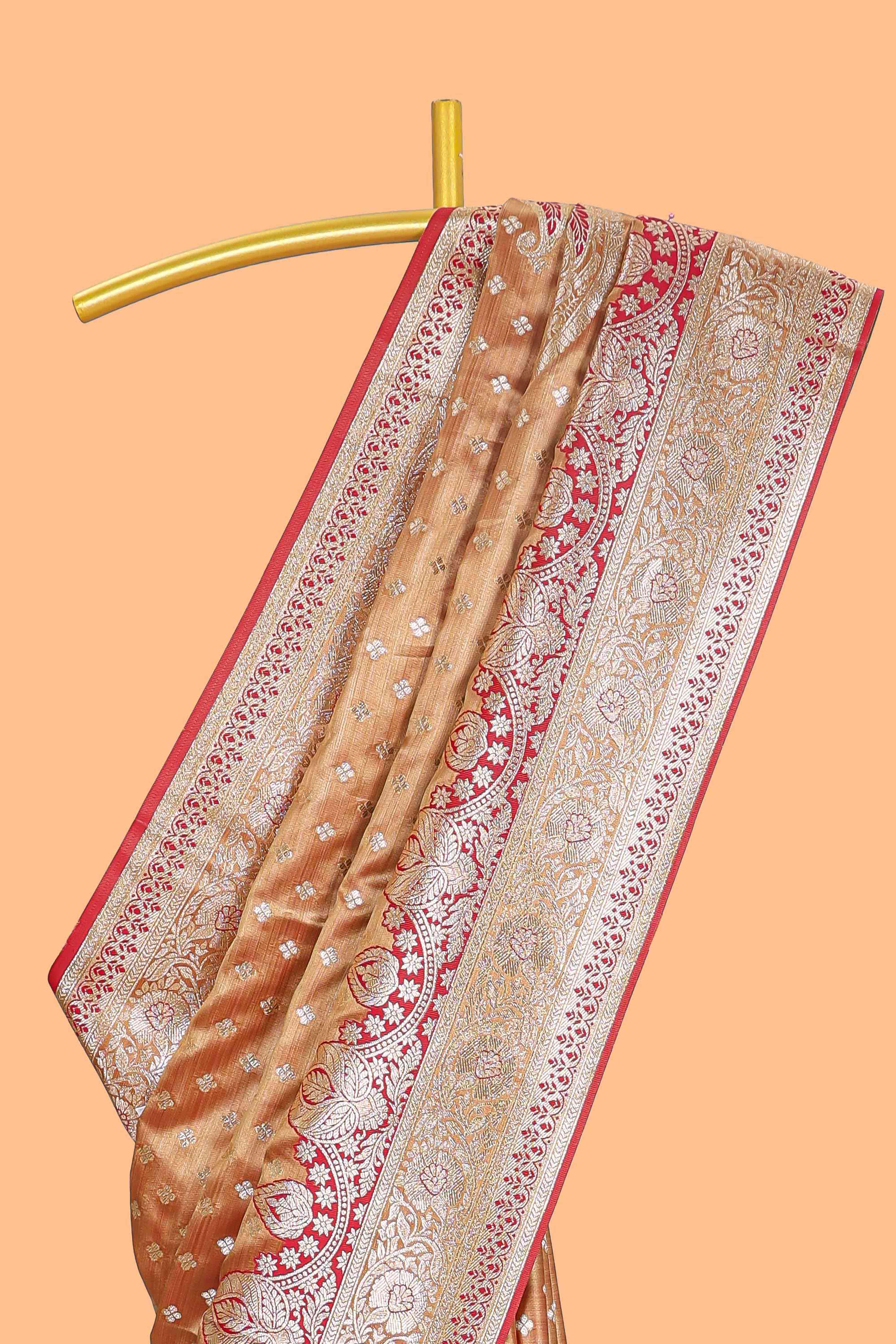 Mustard zari butta semi soft silk saree with self border and matching pallu - Image 5