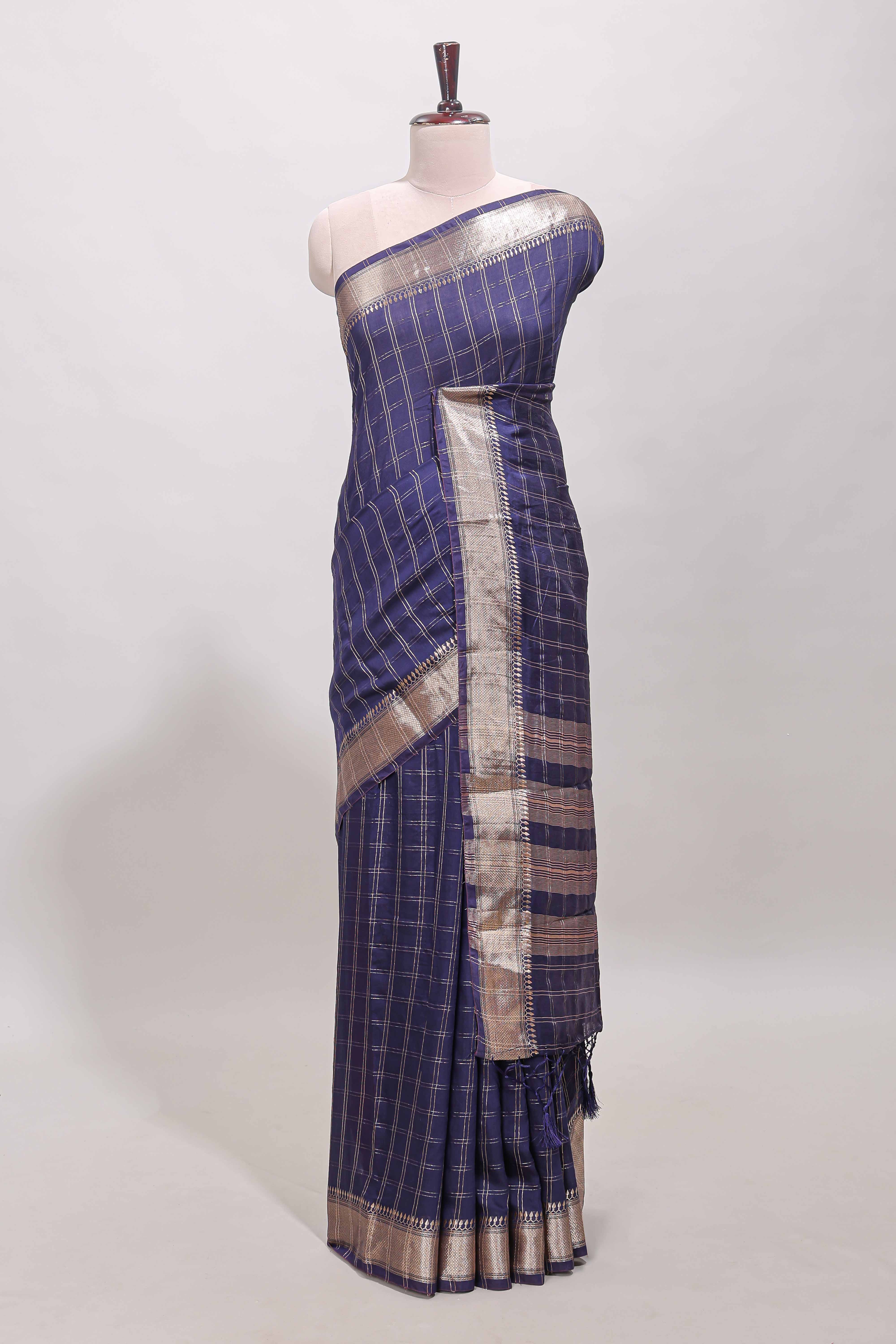 Navy blue checked semi banaras chiffon saree with self zari border and contrast blouse - Image 2
