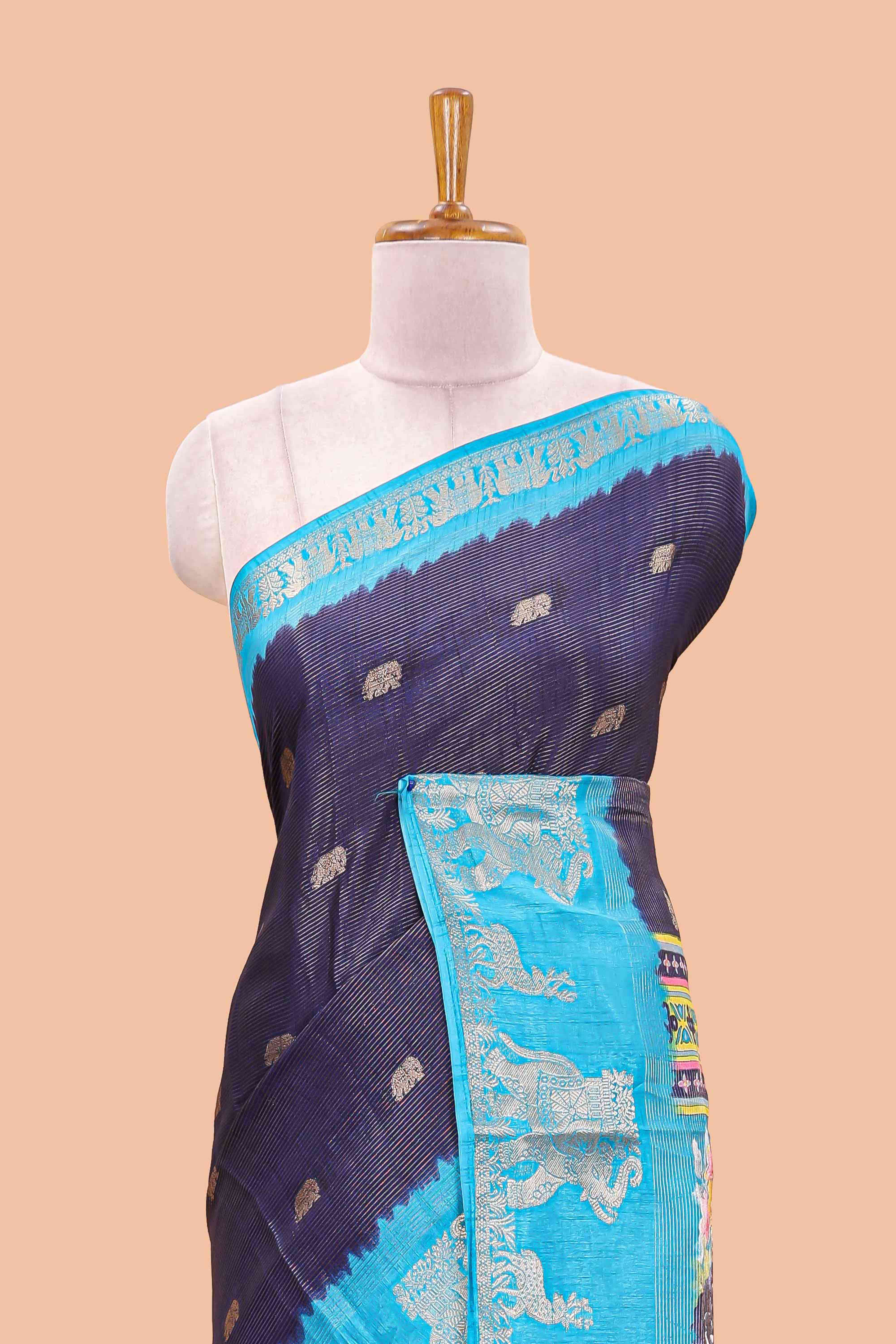 Navy blue dola silk saree with elephant butta design and kalamkari print blouse - Image 3
