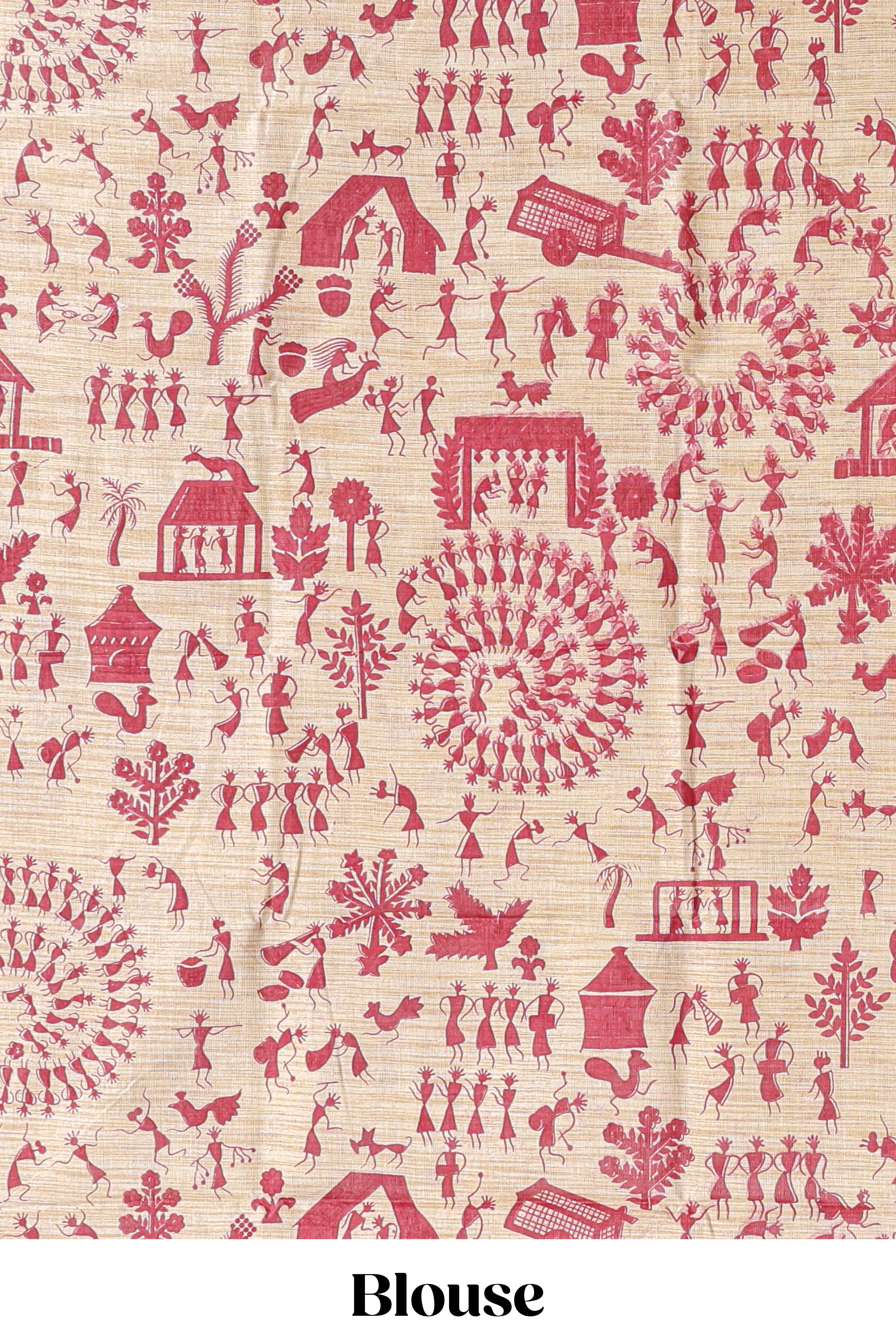 Navy blue plain south cotton sarees with pink warli printed blouse - Image 5