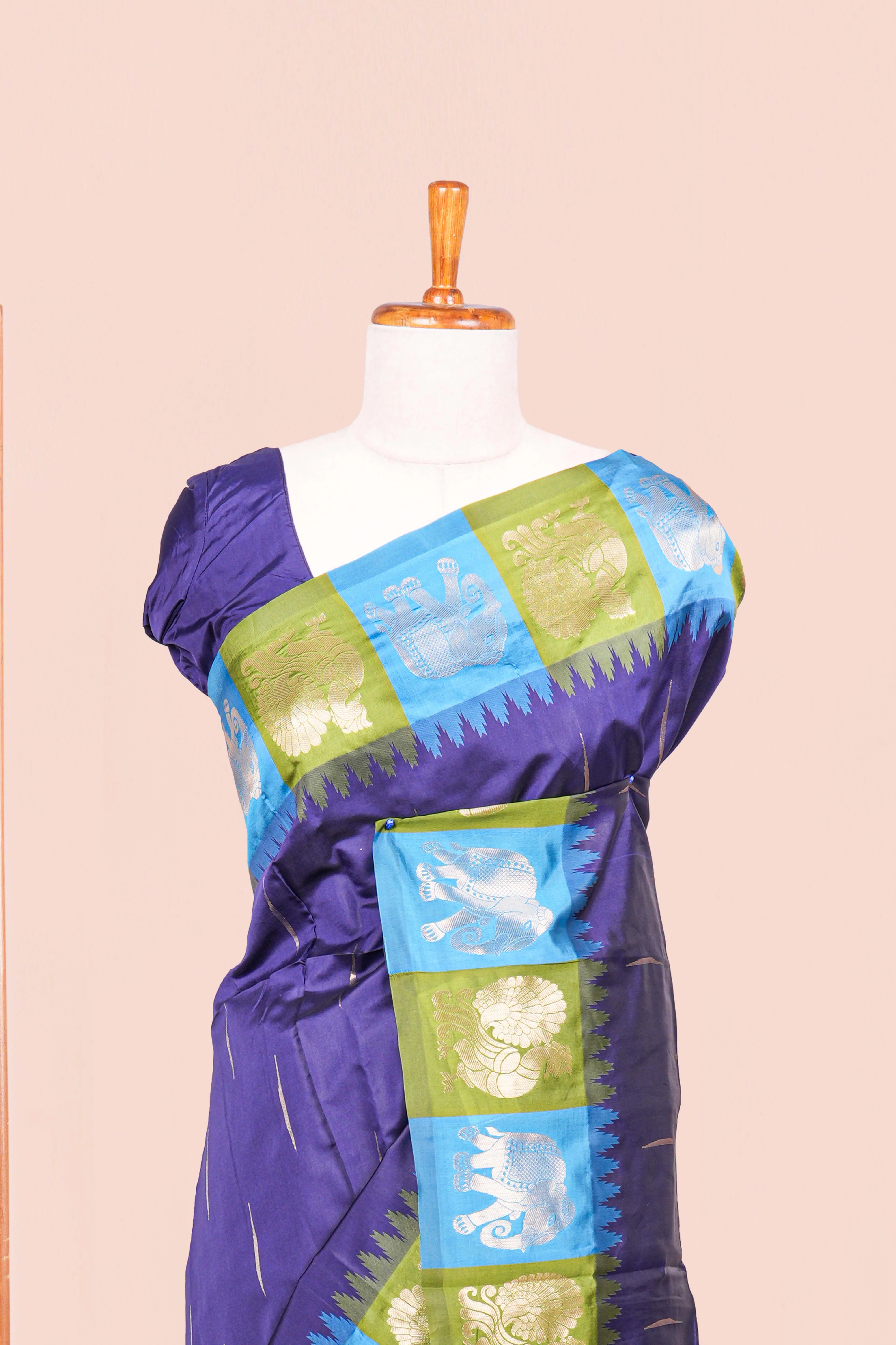 Navy Blue Semi Art Silk Saree Detailing Zari Butta And Border Are Highlight Contrast Color With Intricate Zari Woven Elephant, Peacock Motifs With Golden Zari Weaving Pallu - Image 3