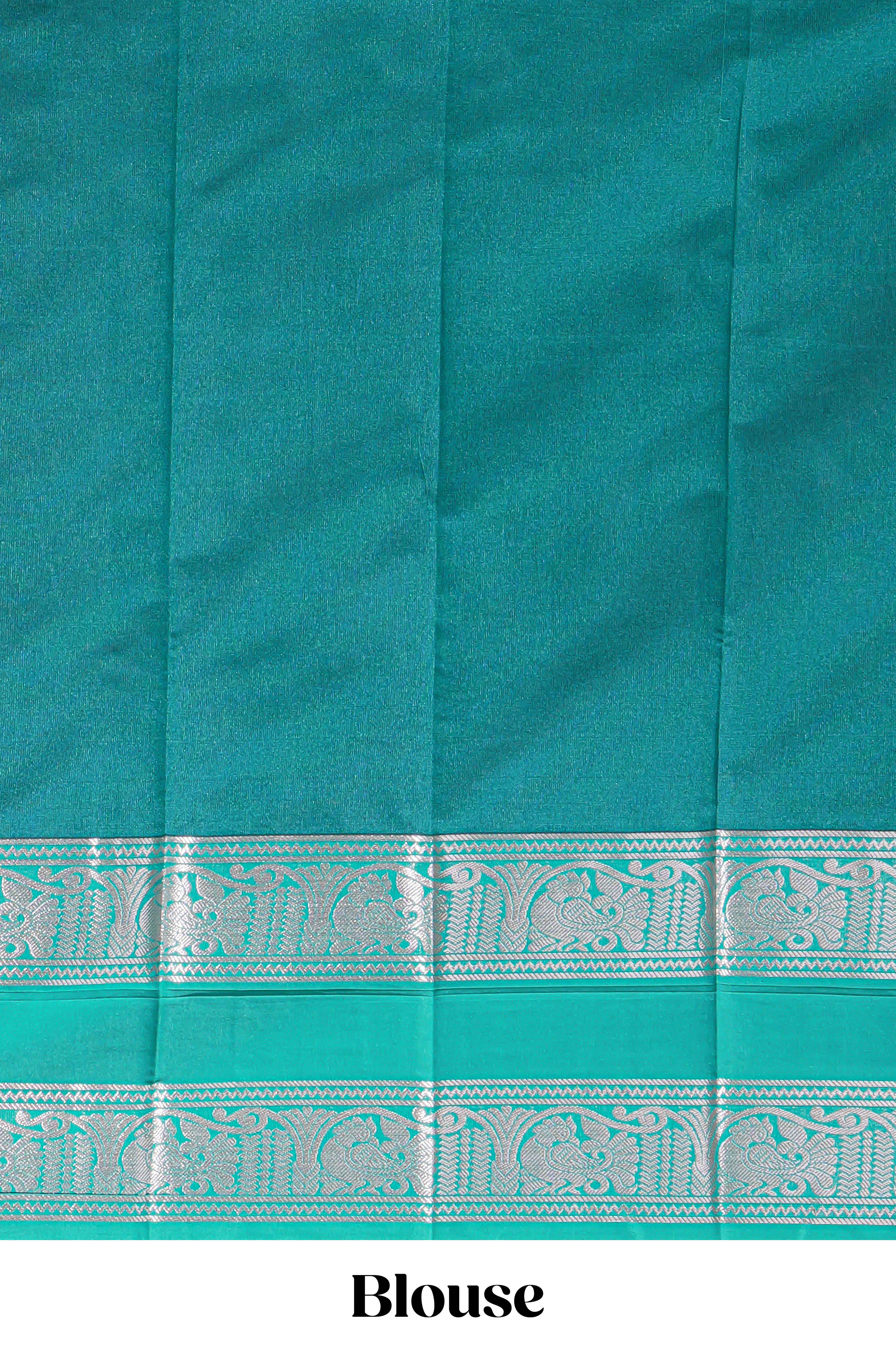 Navy blue tussar saree with silver zari square buttas retta petta zari border and woven zari pallu with contrast blouse piece - Image 5
