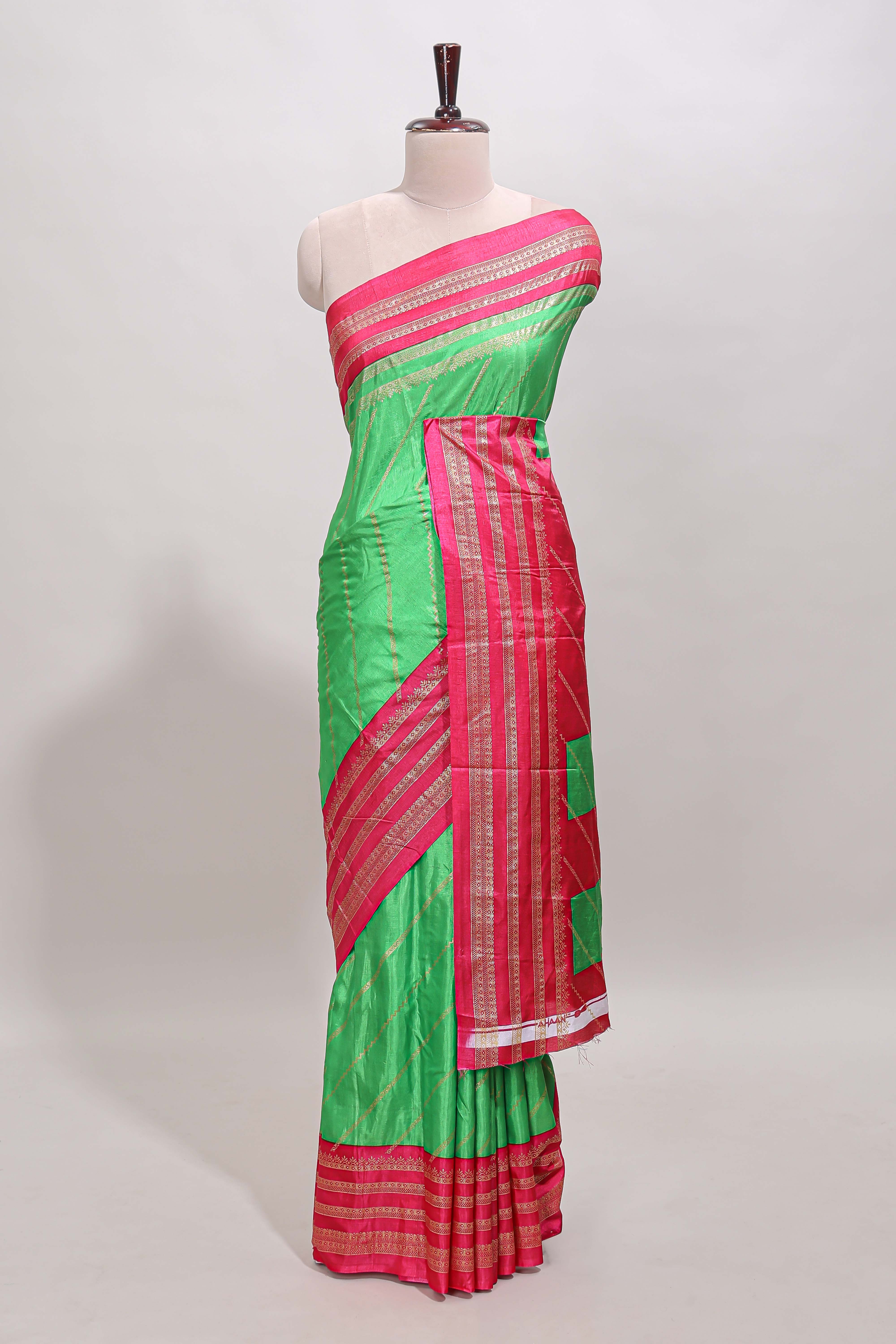 Neon green zari striped saree in dola silk with contrast woven border and blouse - Image 2