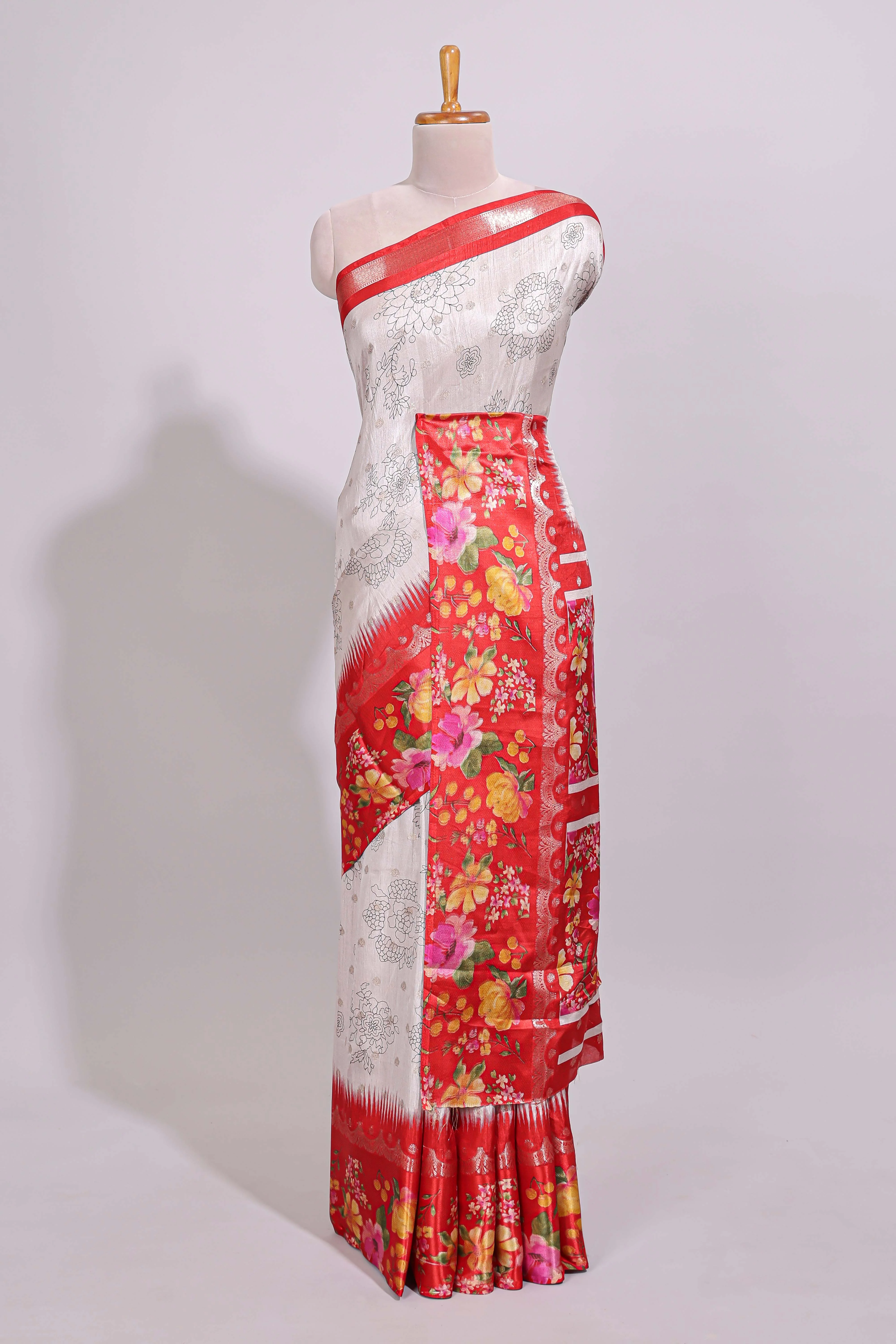 Off white floral design dola silk saree with contrast red border and printed motifs blouse - Image 2
