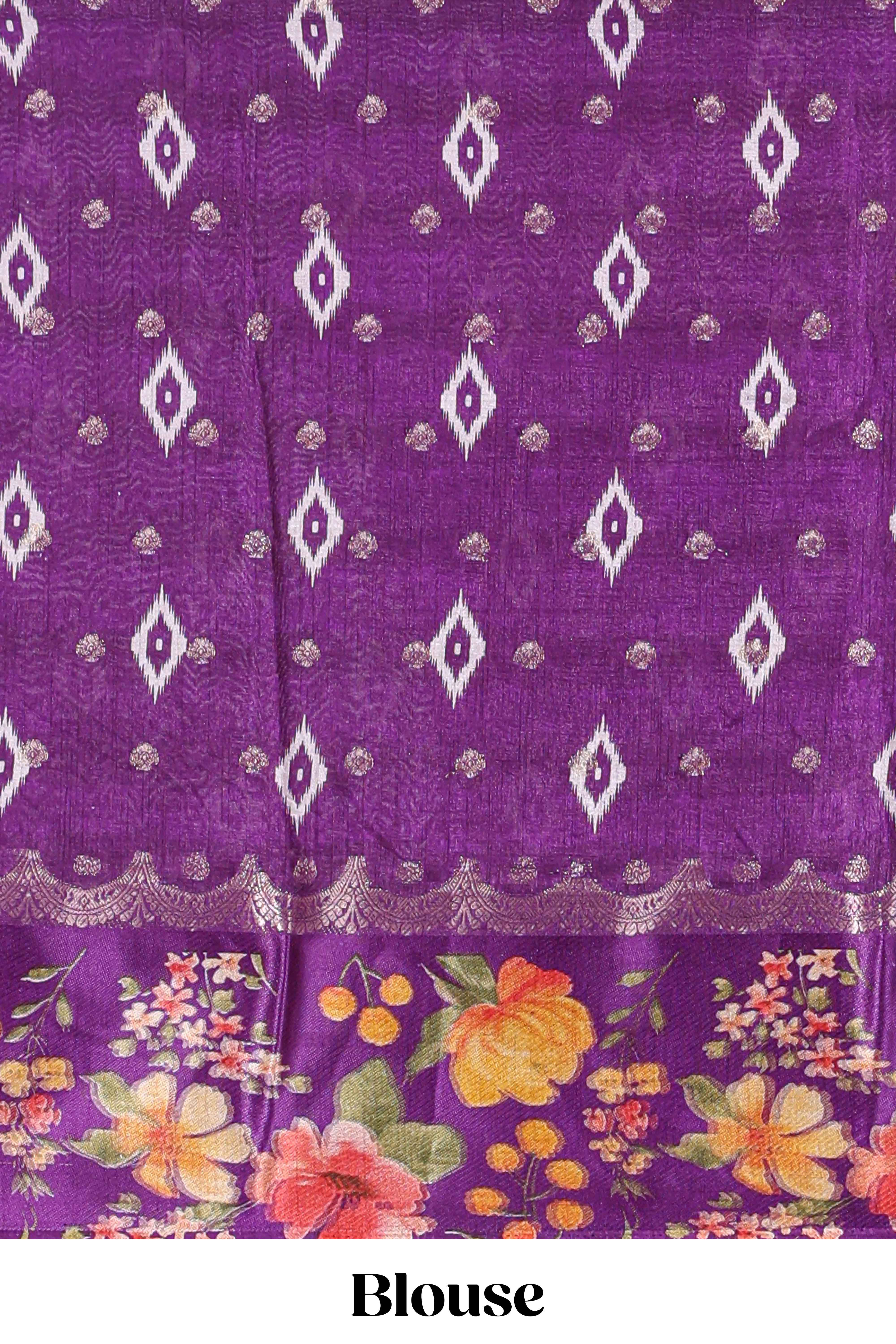 Off white floral design dola silk saree with contrast violet floral border and printed motifs blouse - Image 5