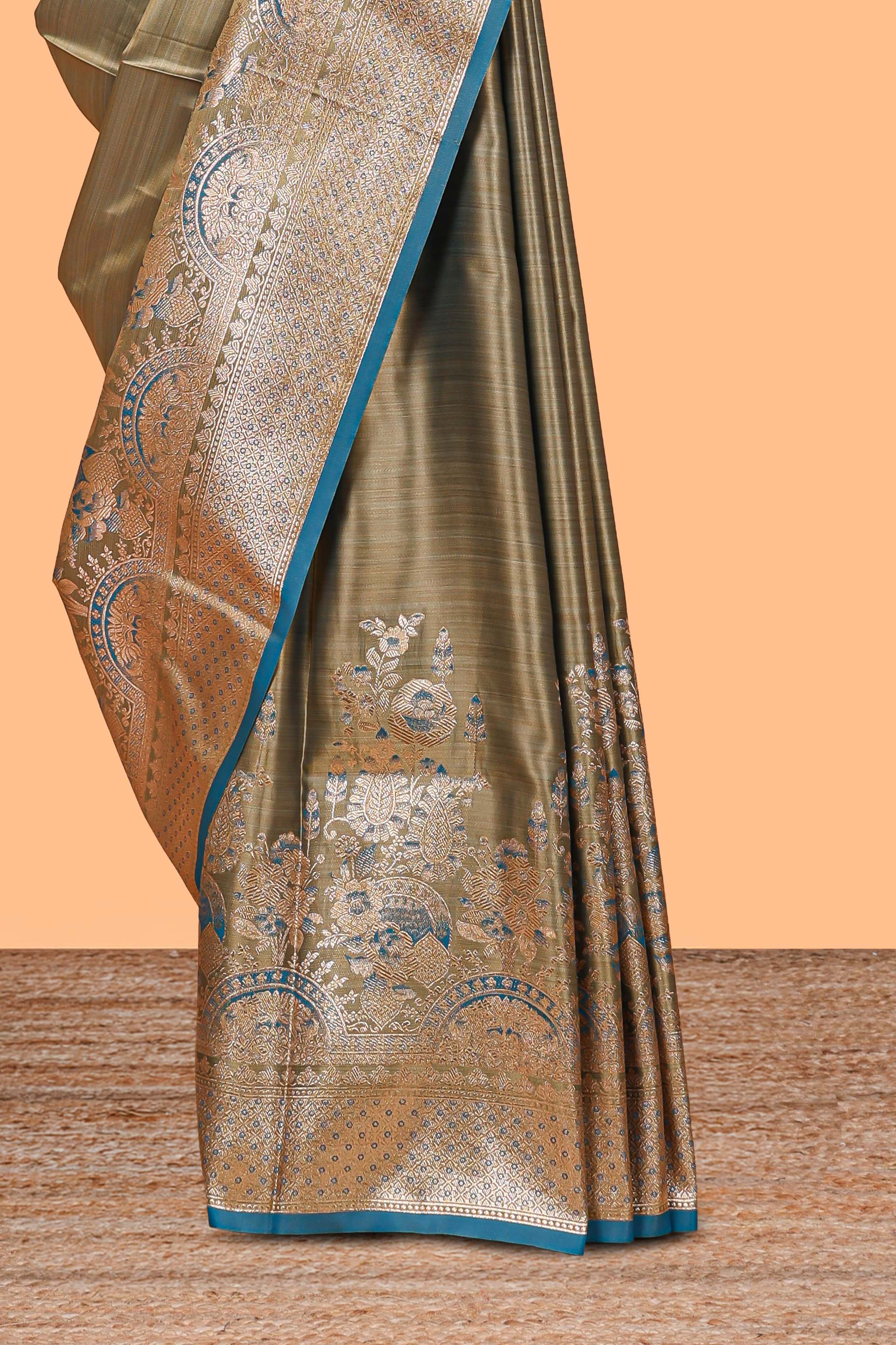 Olive gold floral design banarasi silk saree with contrast border and floral printed blouse - Image 3