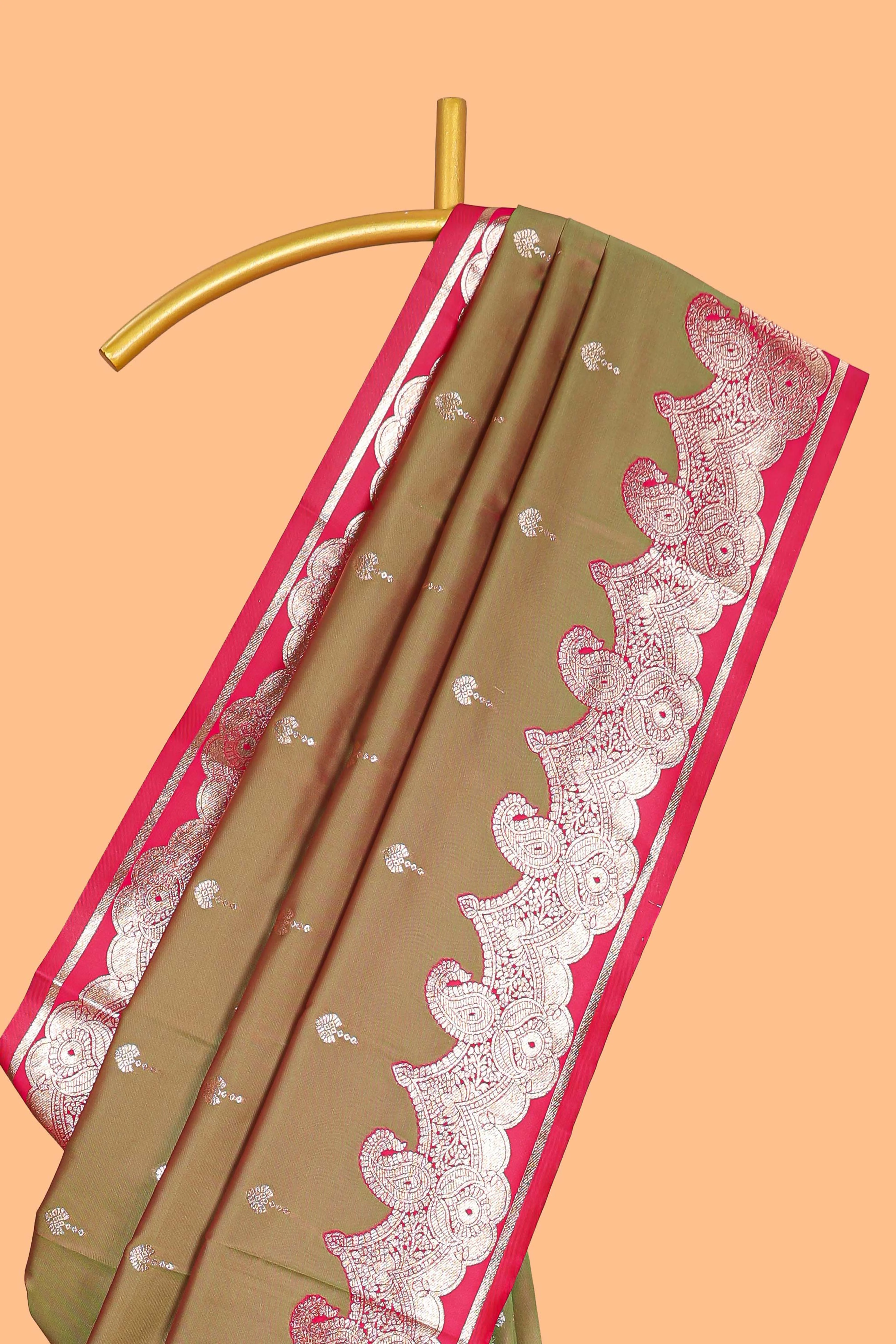 Olive Gold with Pink semi soft silk Woven Zari-Inspired Motifs and paisley Weave Design border with contrast blouse - Image 2