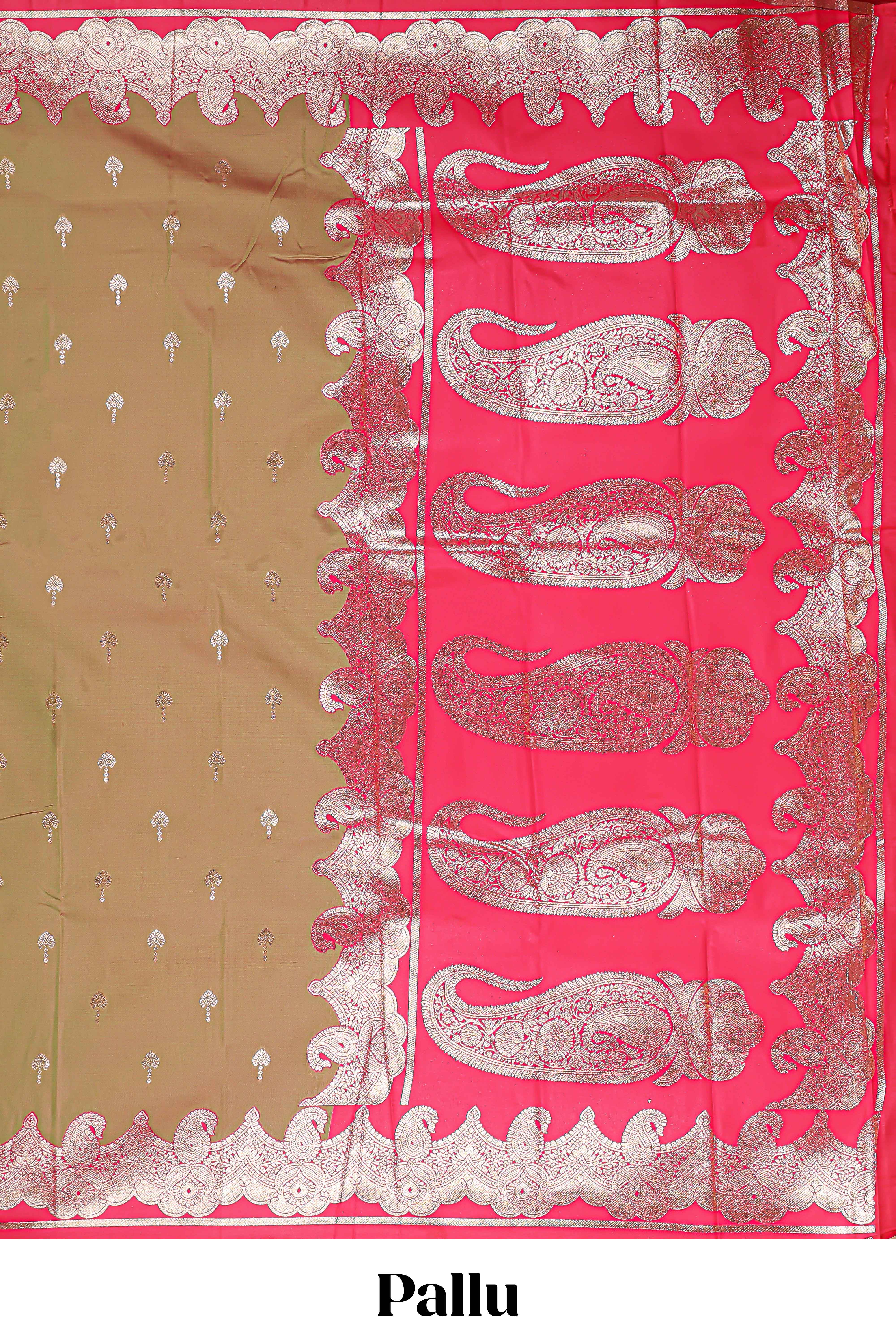 Olive Gold with Pink semi soft silk Woven Zari-Inspired Motifs and paisley Weave Design border with contrast blouse - Image 4