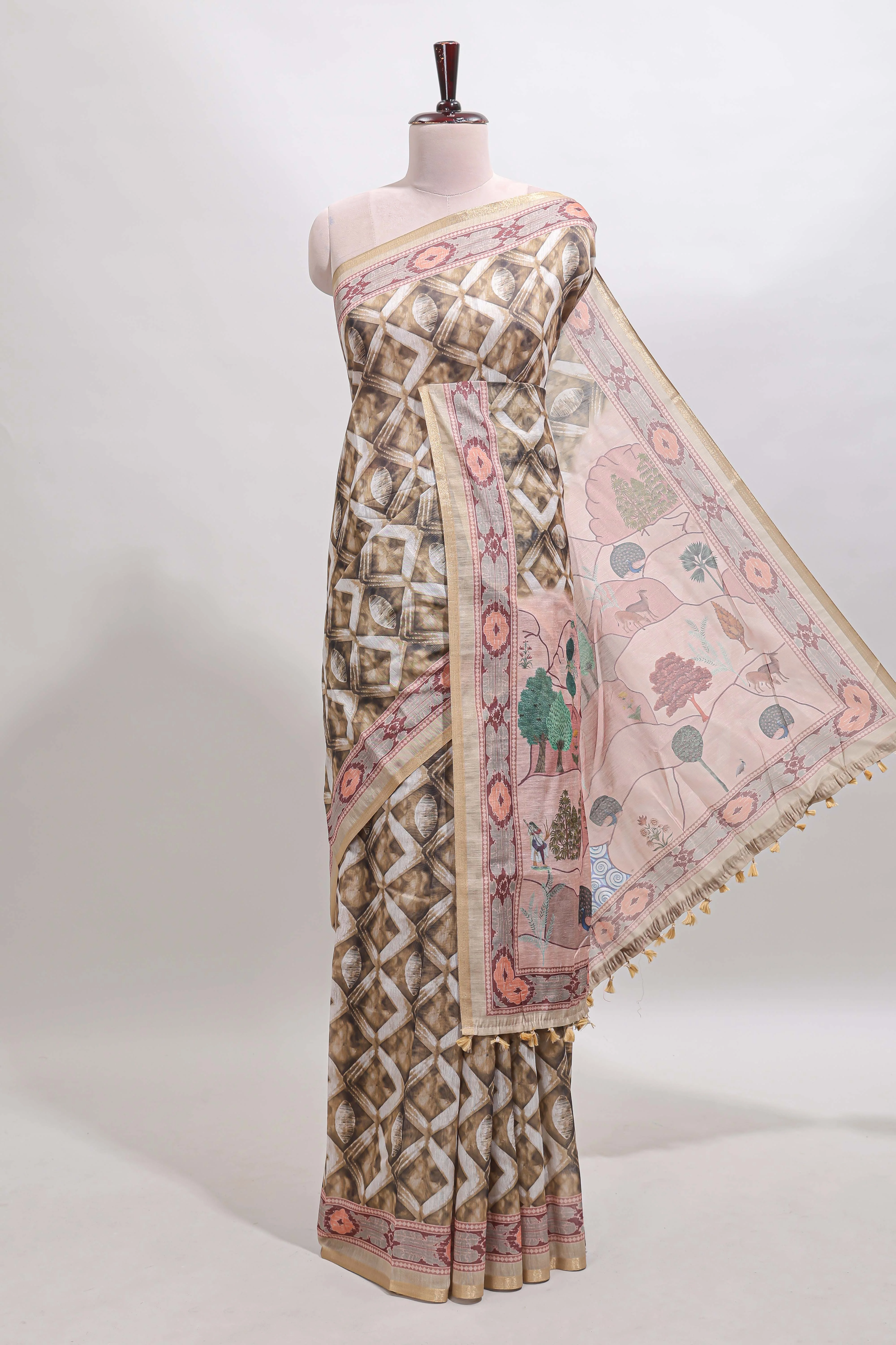 Olive green geometric digital print linen cotton saree with self zari border and matching blouse