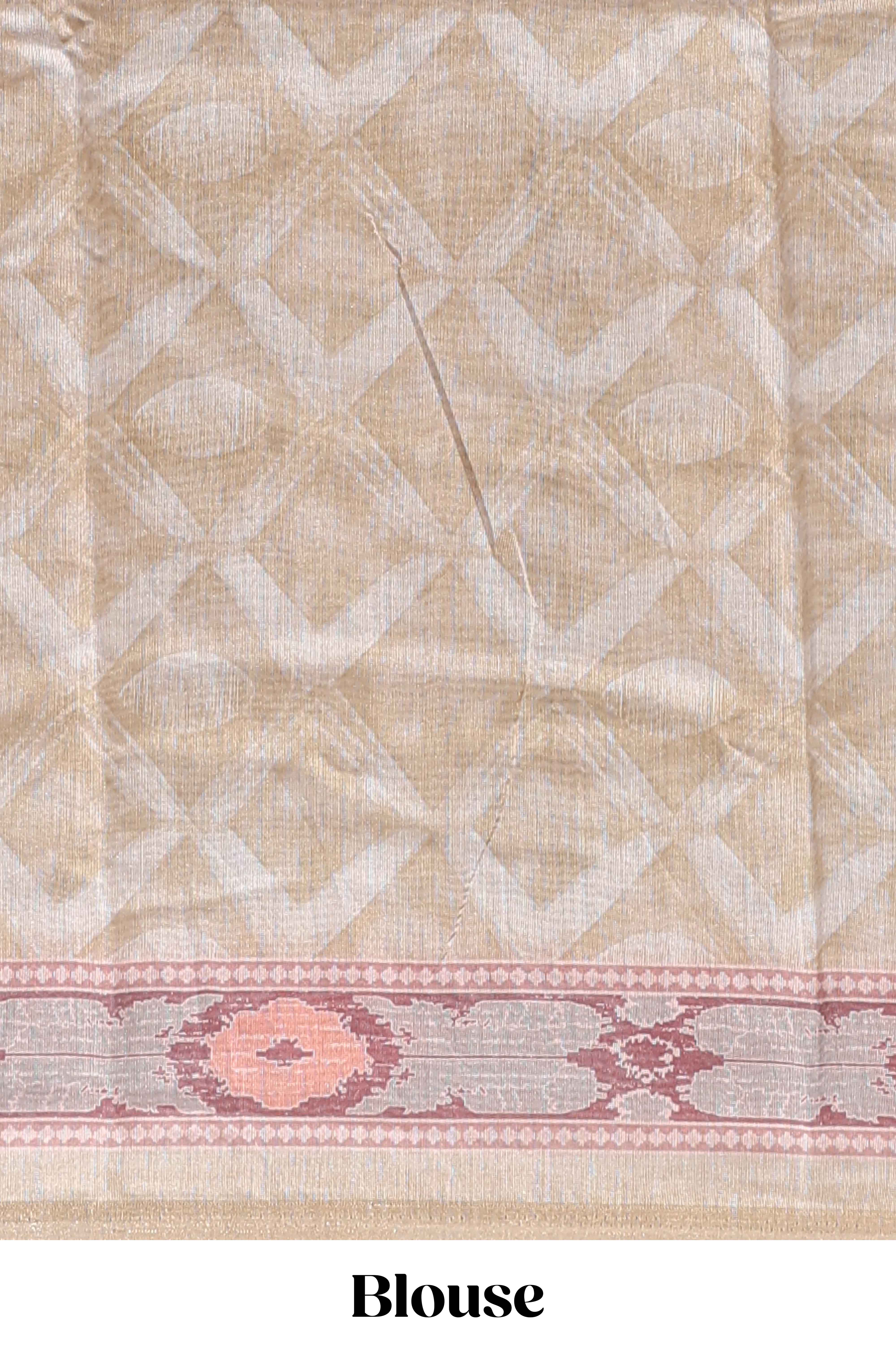 Olive green geometric digital print linen cotton saree with self zari border and matching blouse - Image 5