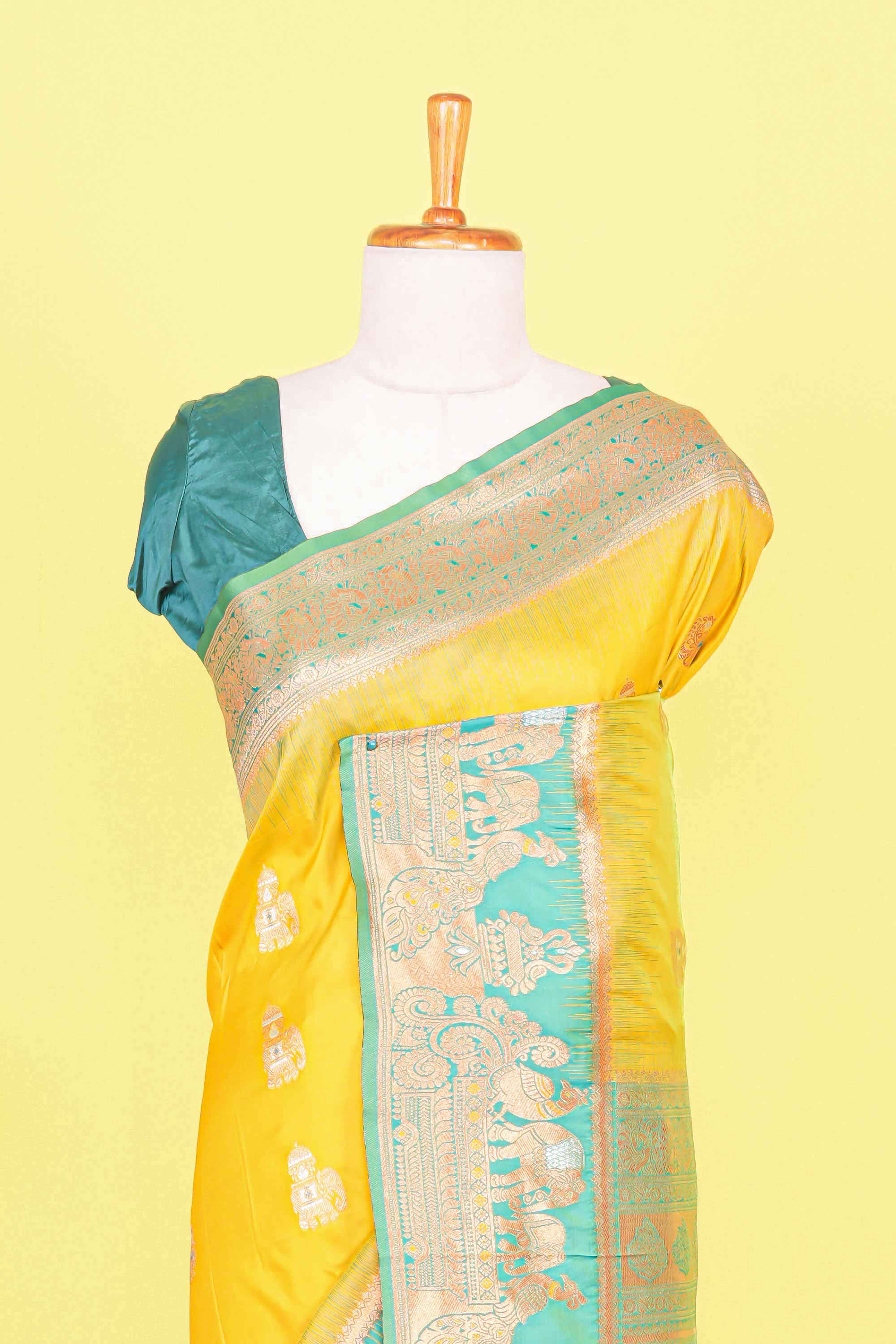 Olive Yellow Art Silk Saree Elephant Zari Motifs Across The Body With Traditional Golden Zari Floral Design Weaving Pallu - Image 3