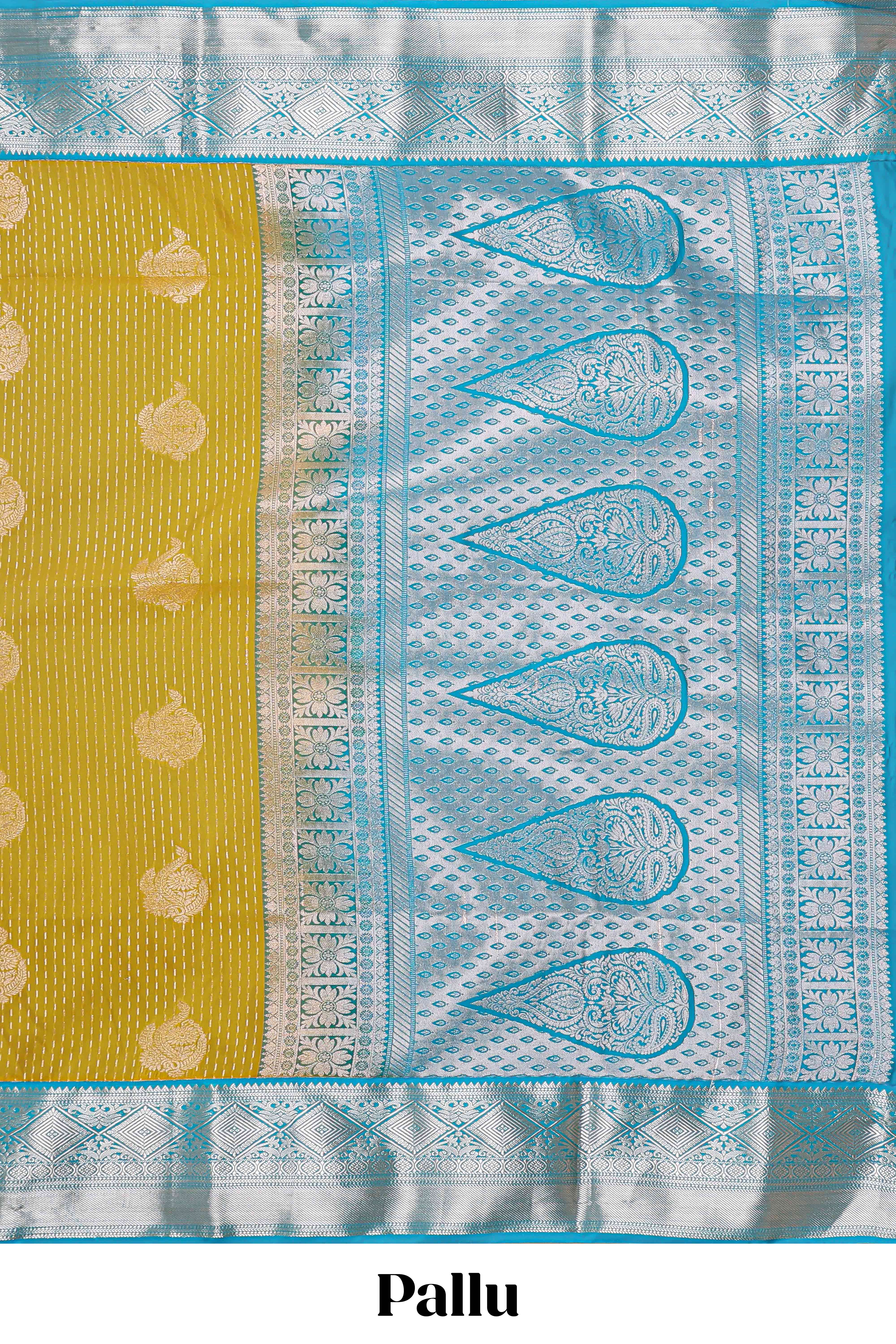 Mustard zari butta design semi soft silk saree with contrast border and pallu - Image 4