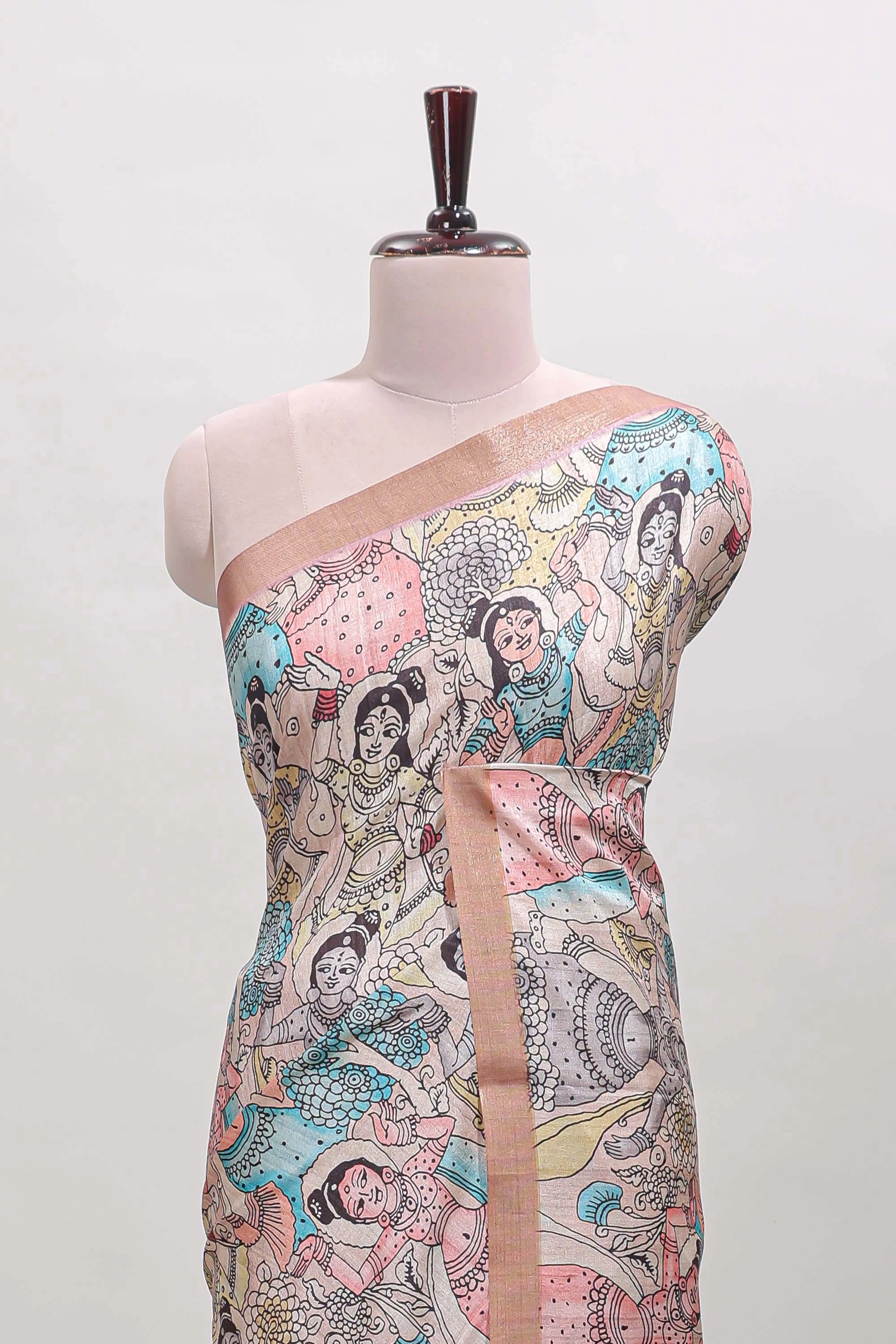 Onion pink kalamkari style art tussar saree with self zari border and blouse - Image 3