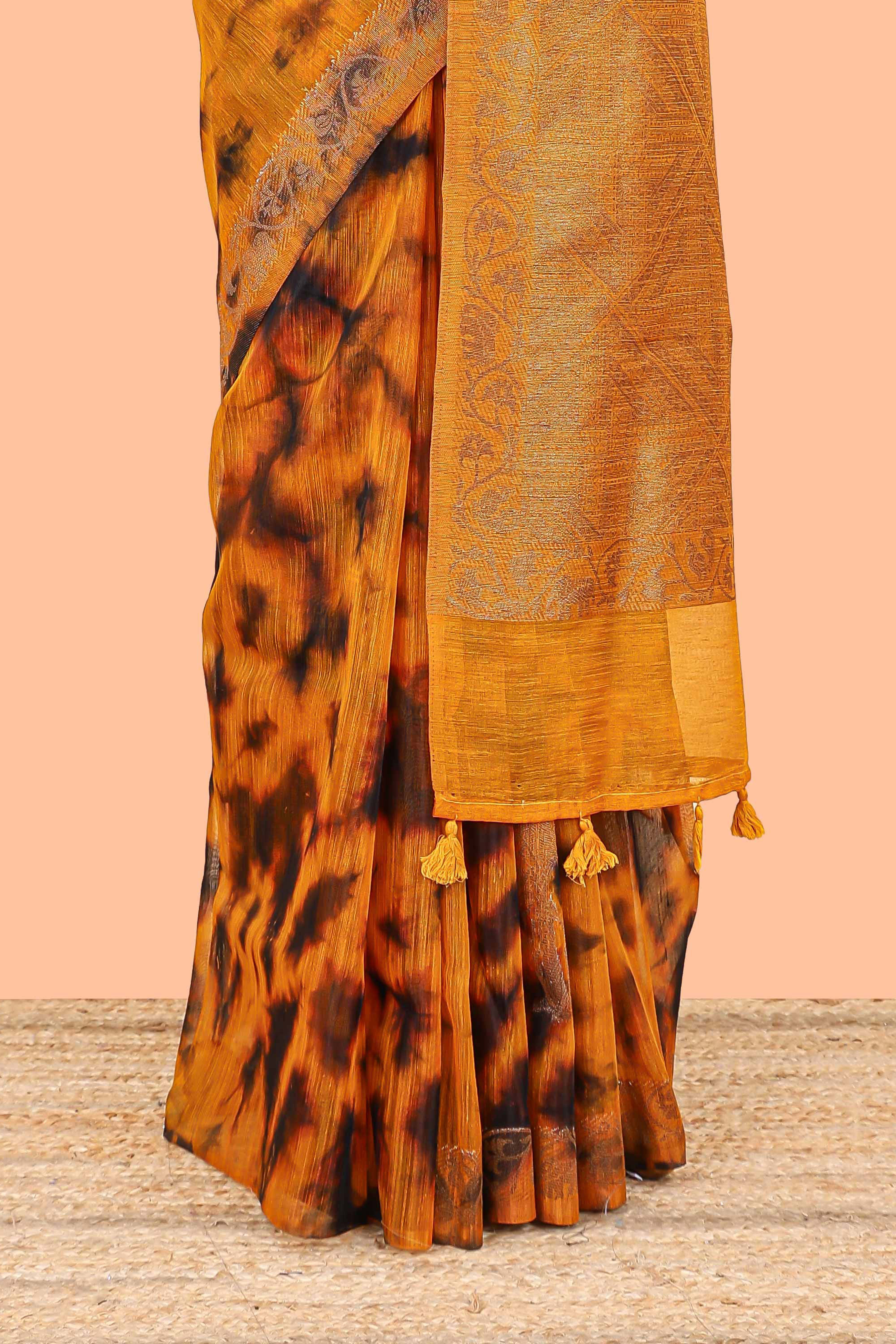 Orange and black tie and dye jute cotton saree with self zari border and blouse - Image 4