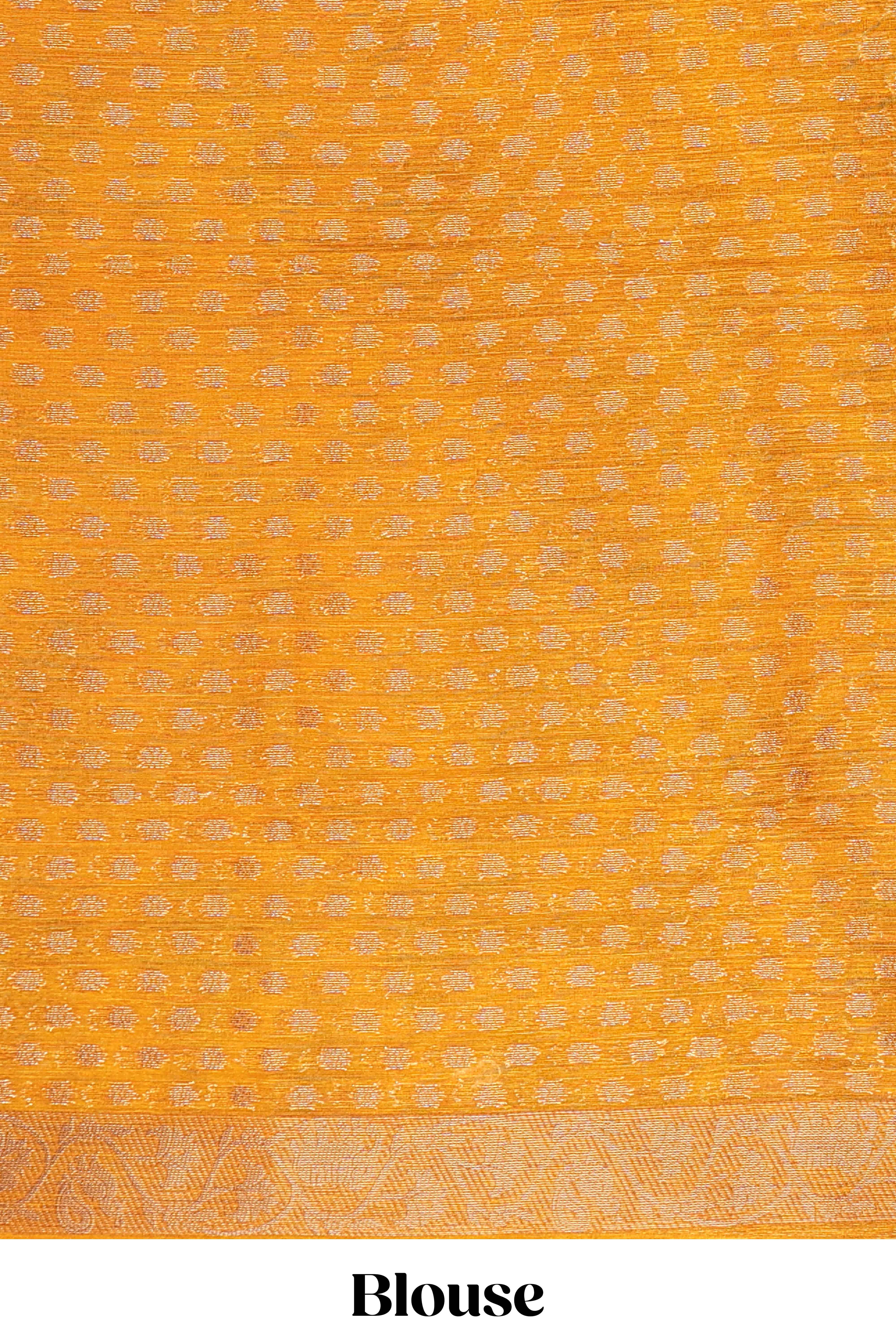 Orange and black tie and dye jute cotton saree with self zari border and blouse - Image 5
