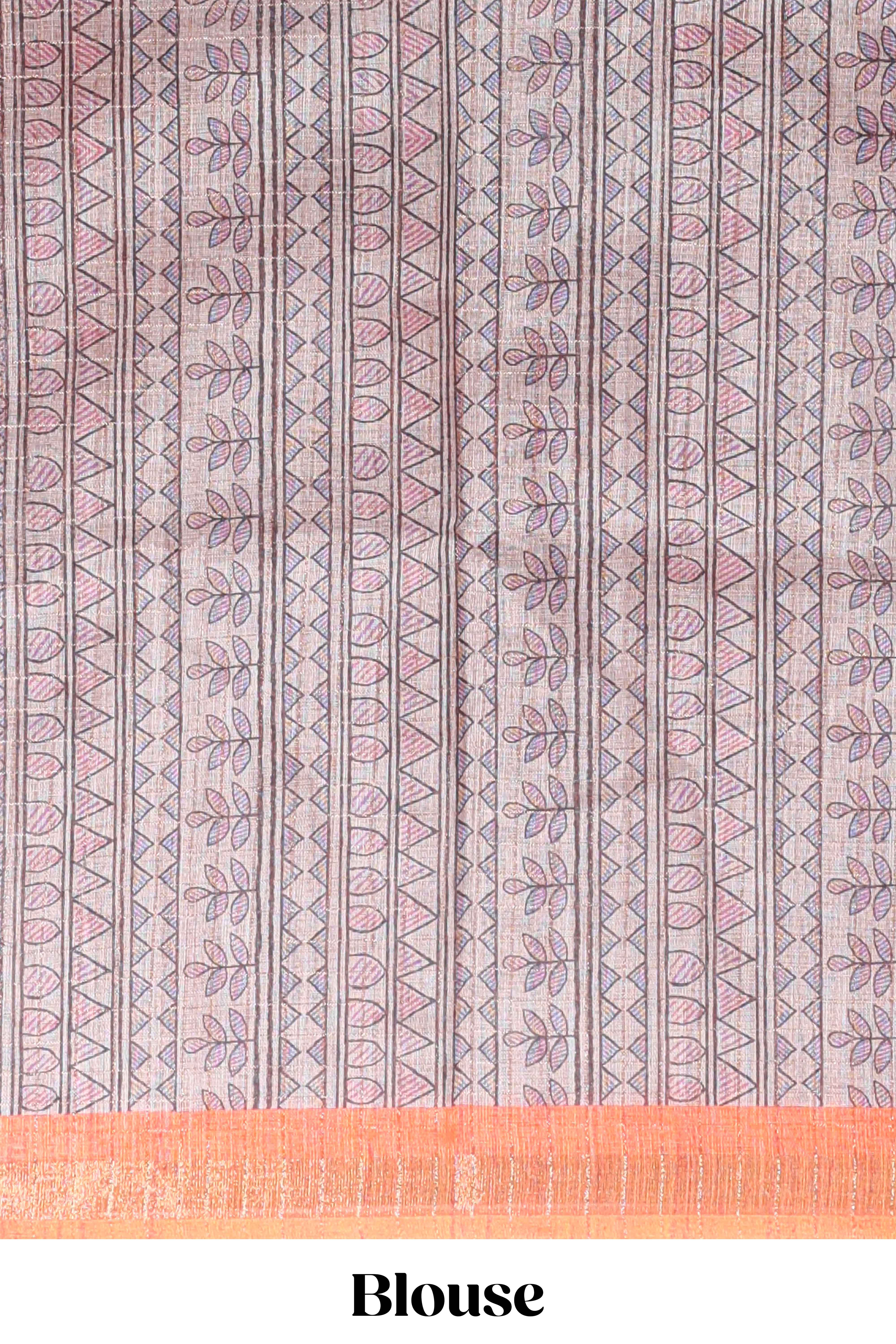 Orange bhandhini style floral design chanderi cotton saree with self zari border and contrast printed blouse - Image 5