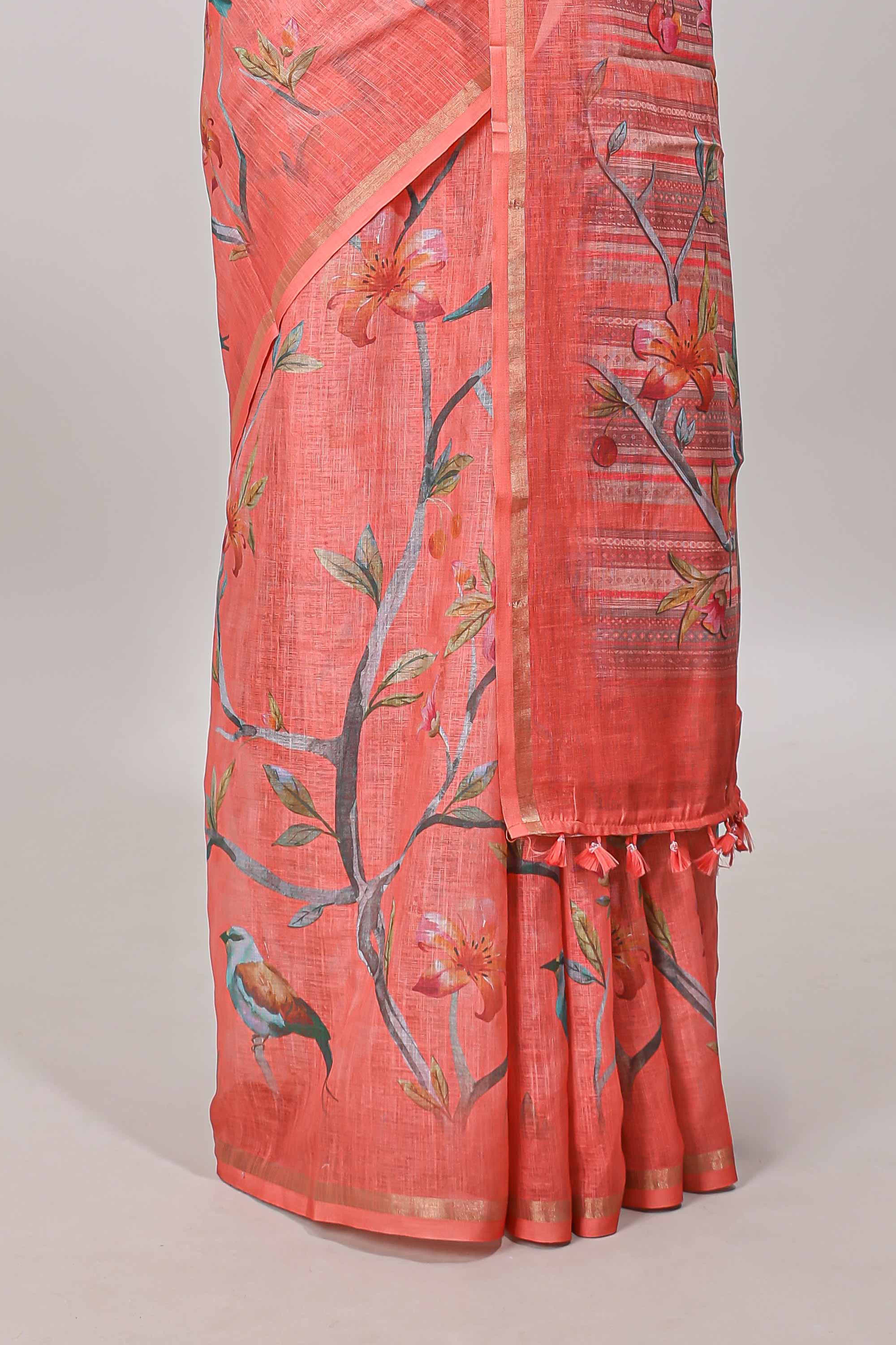 Orange birds and floral design linen cotton saree with self zari border and matching printed blouse - Image 4