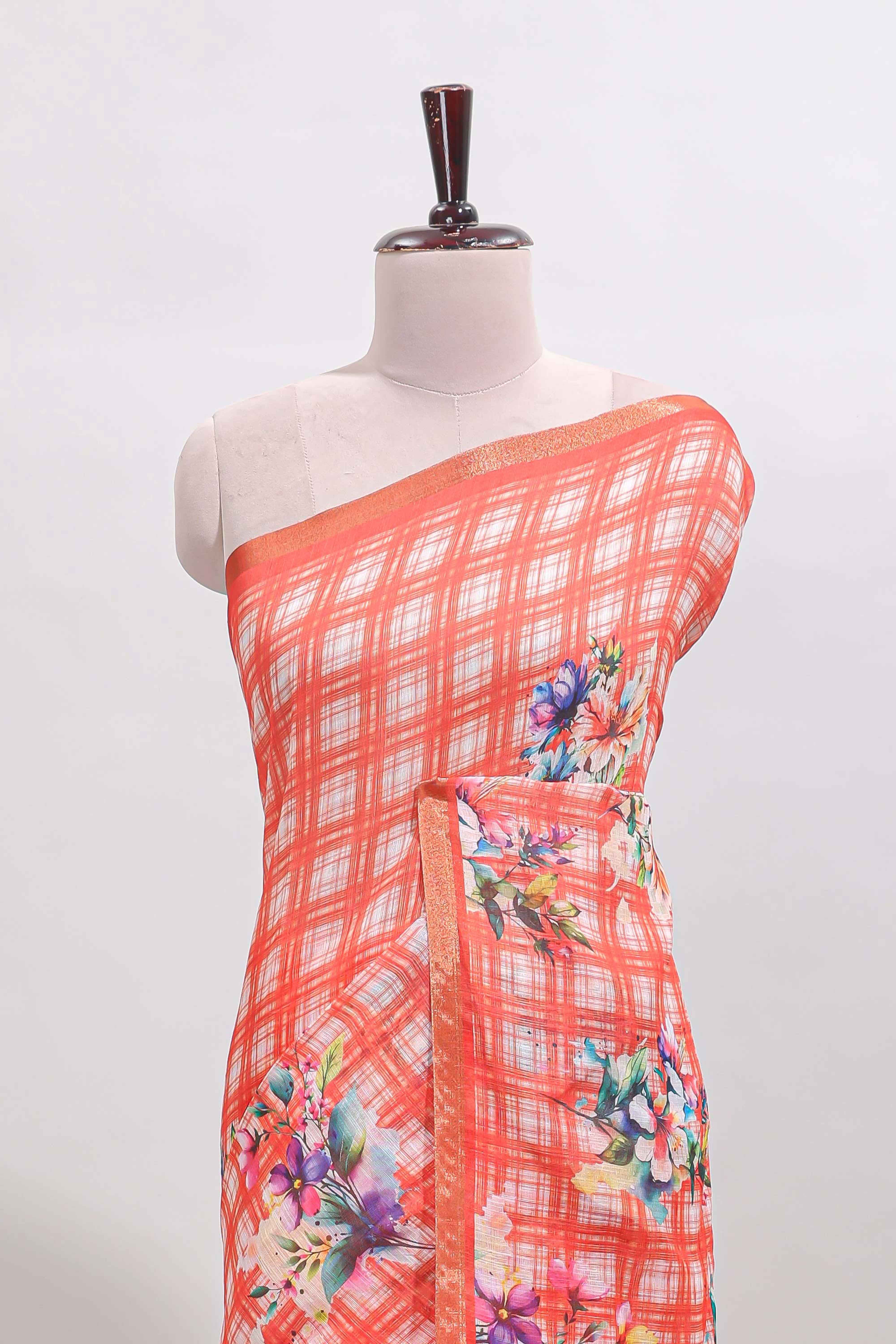 Orange checked floral motifs linen cotton saree with self zari border matching blouse - Image 3
