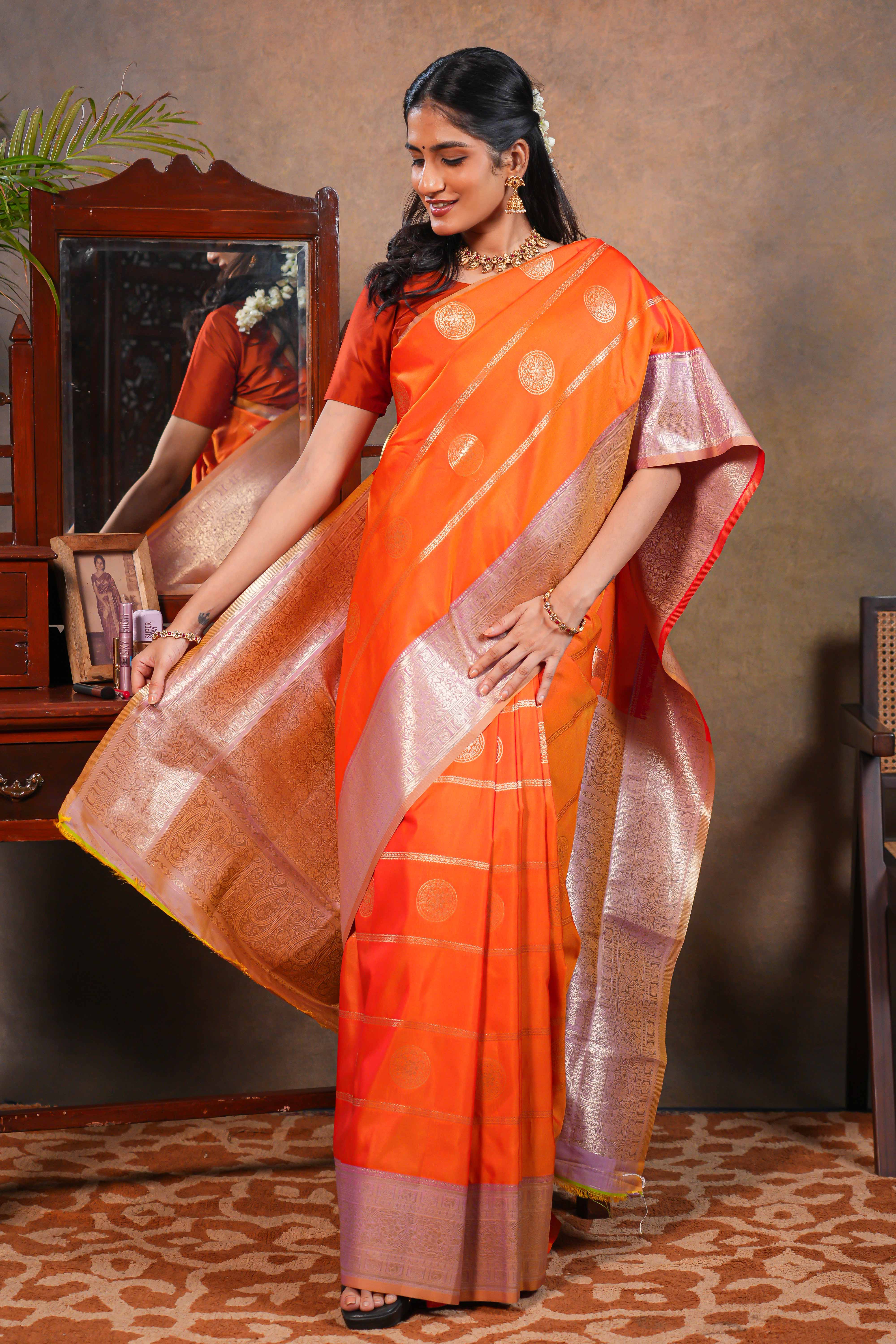 Orange colour Semi soft Silk Saree Gold Zari Lines and vaira oosi design with Contrast Zari Border and Contrast Blouse - Image 3