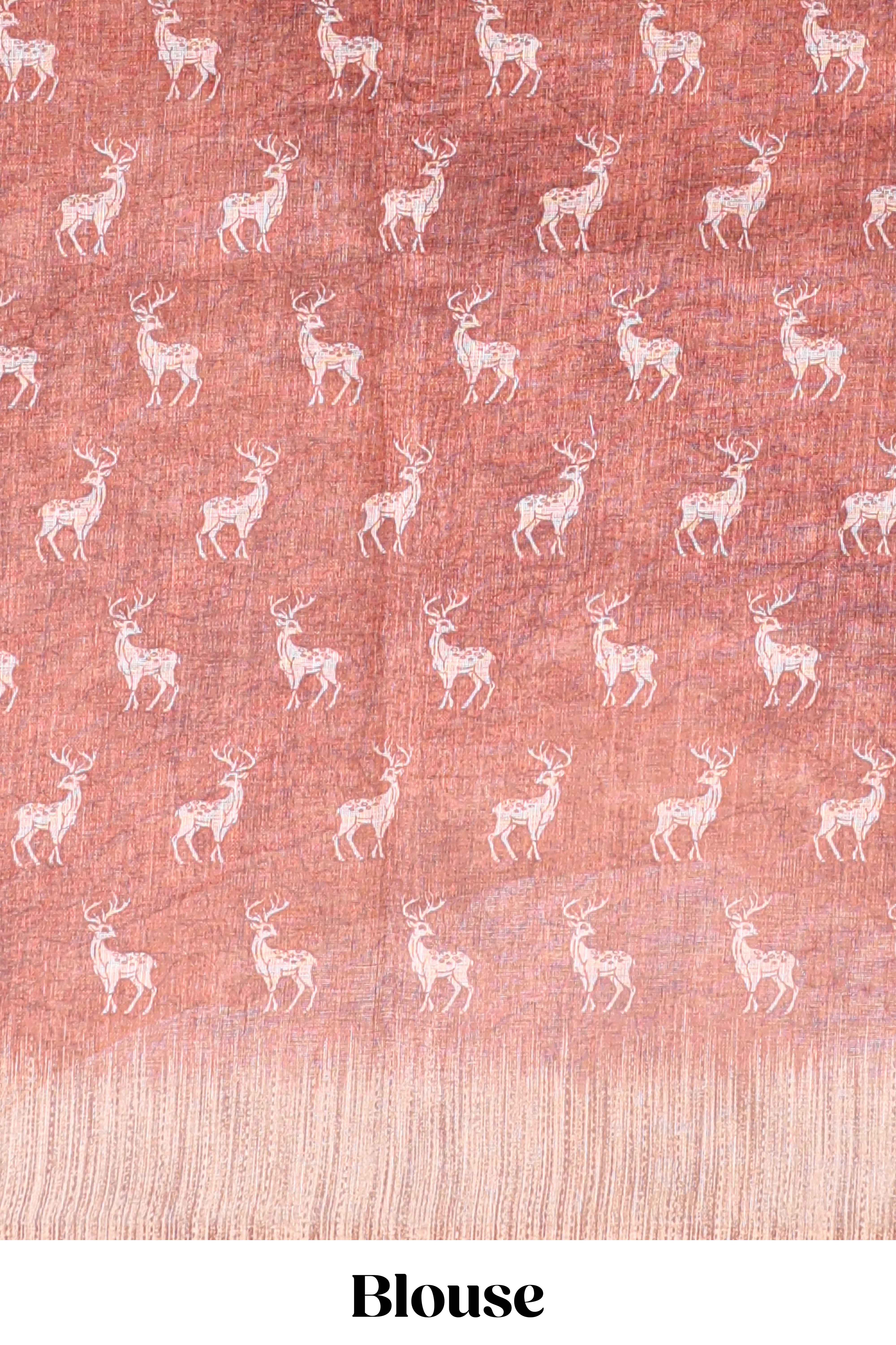 Orange floral & deer design motifs linen cotton saree with contrast border and matching printed blouse - Image 5