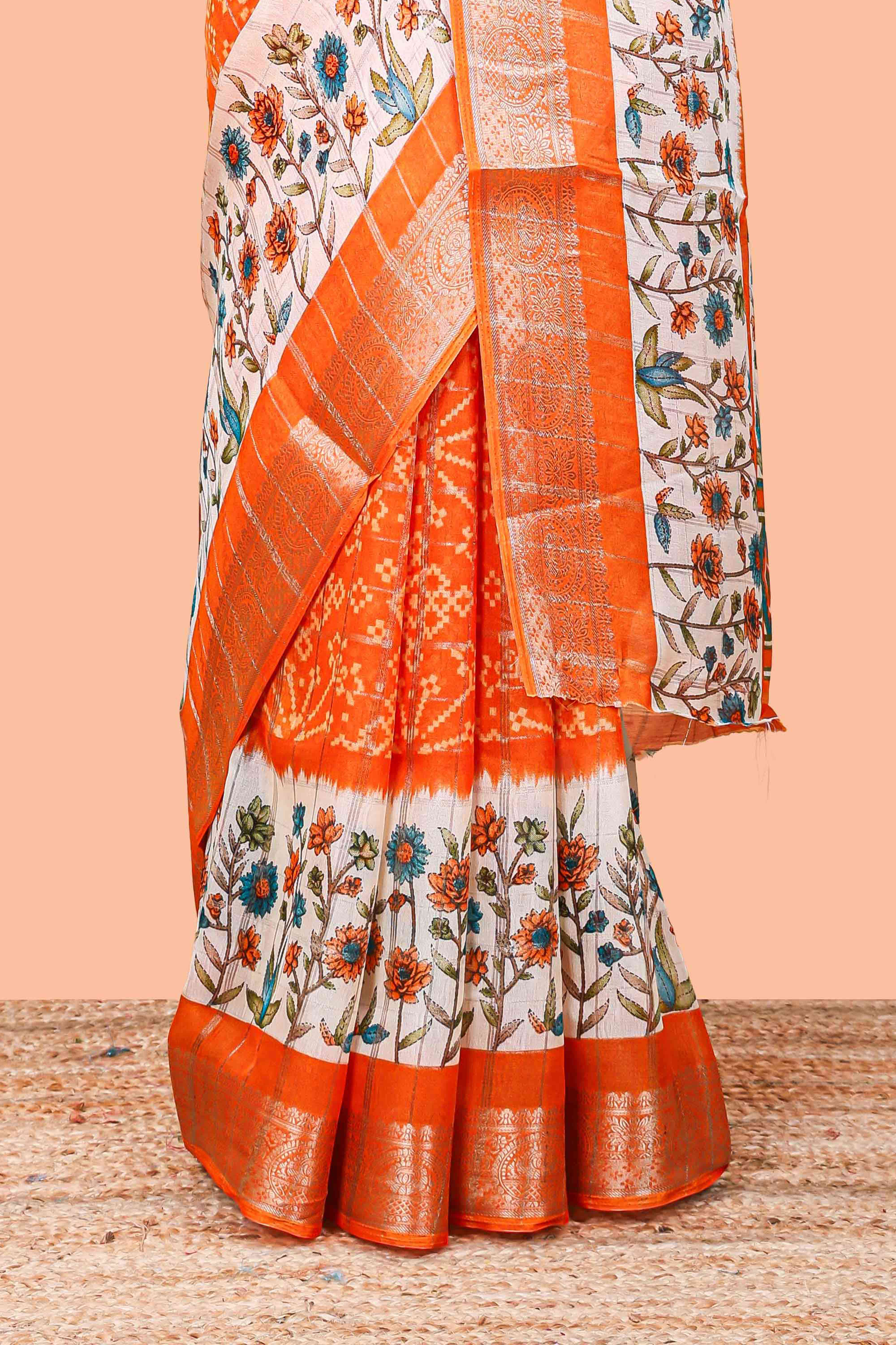Orange floral ikkat style marsh georgette saree with zari border and contrast blouse - Image 4