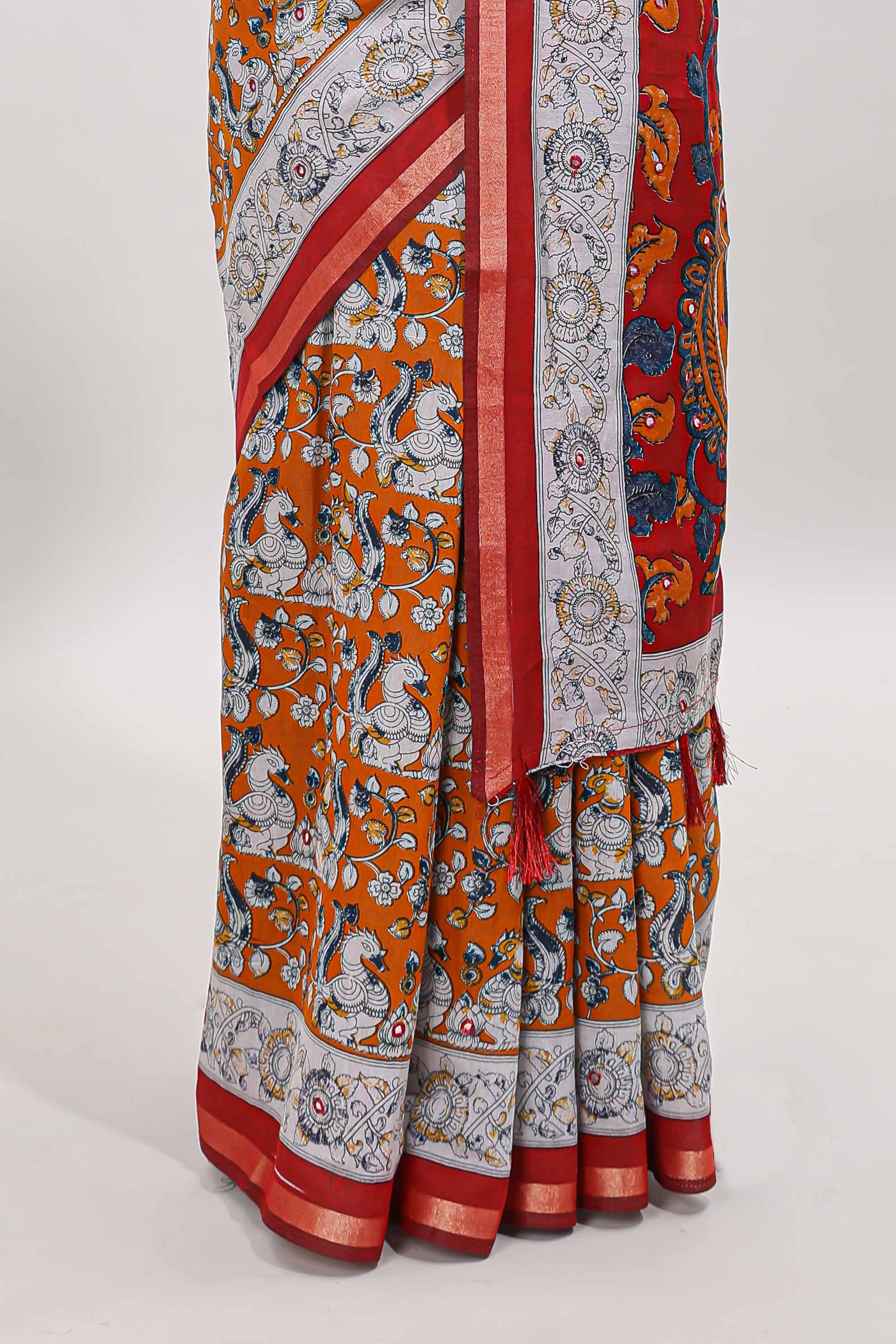 Orange kalamkari style chanderi cotton saree with contrast border and blouse - Image 4