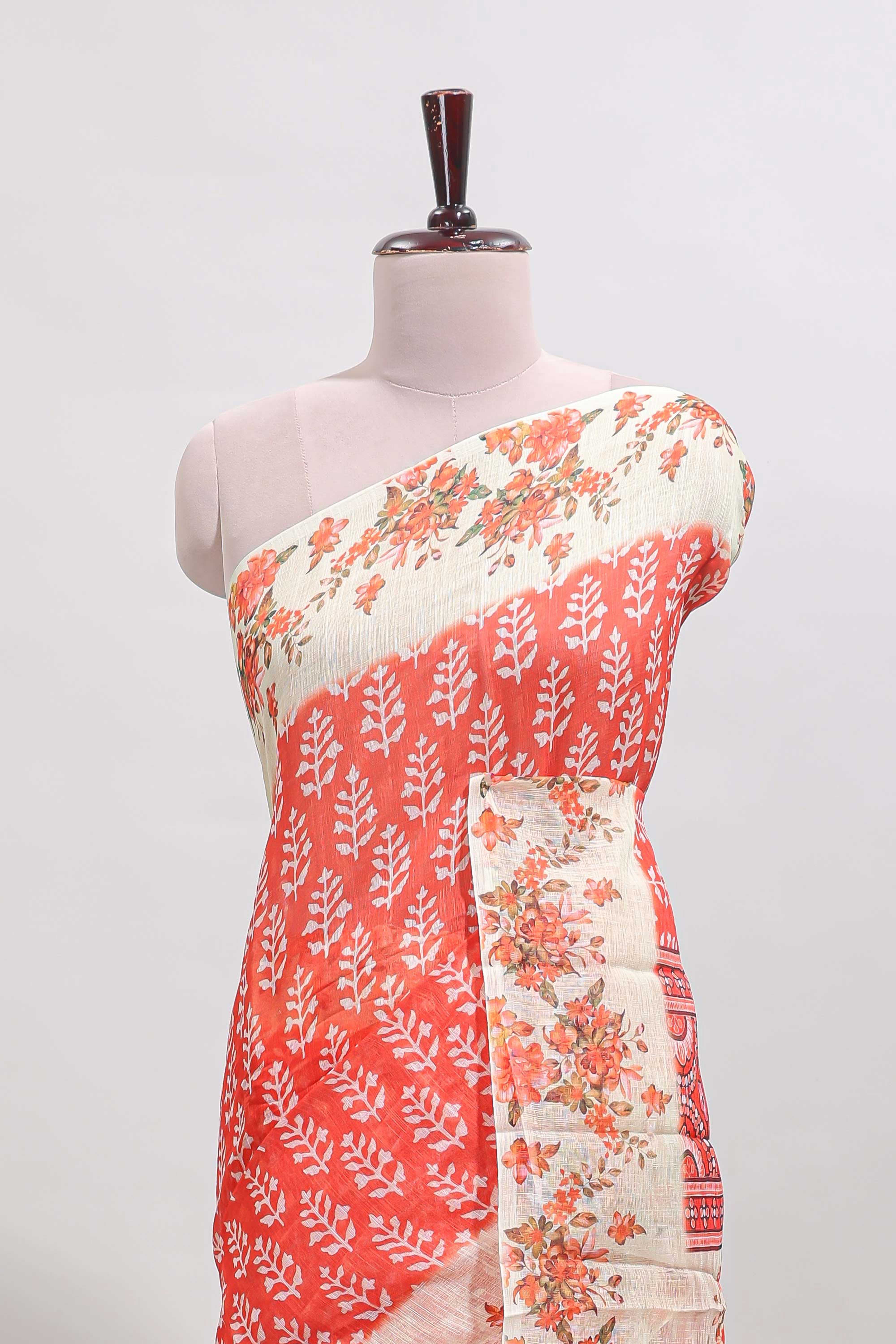 Orange leaf design linen cotton saree with contrast floral design border and matching blouse - Image 3