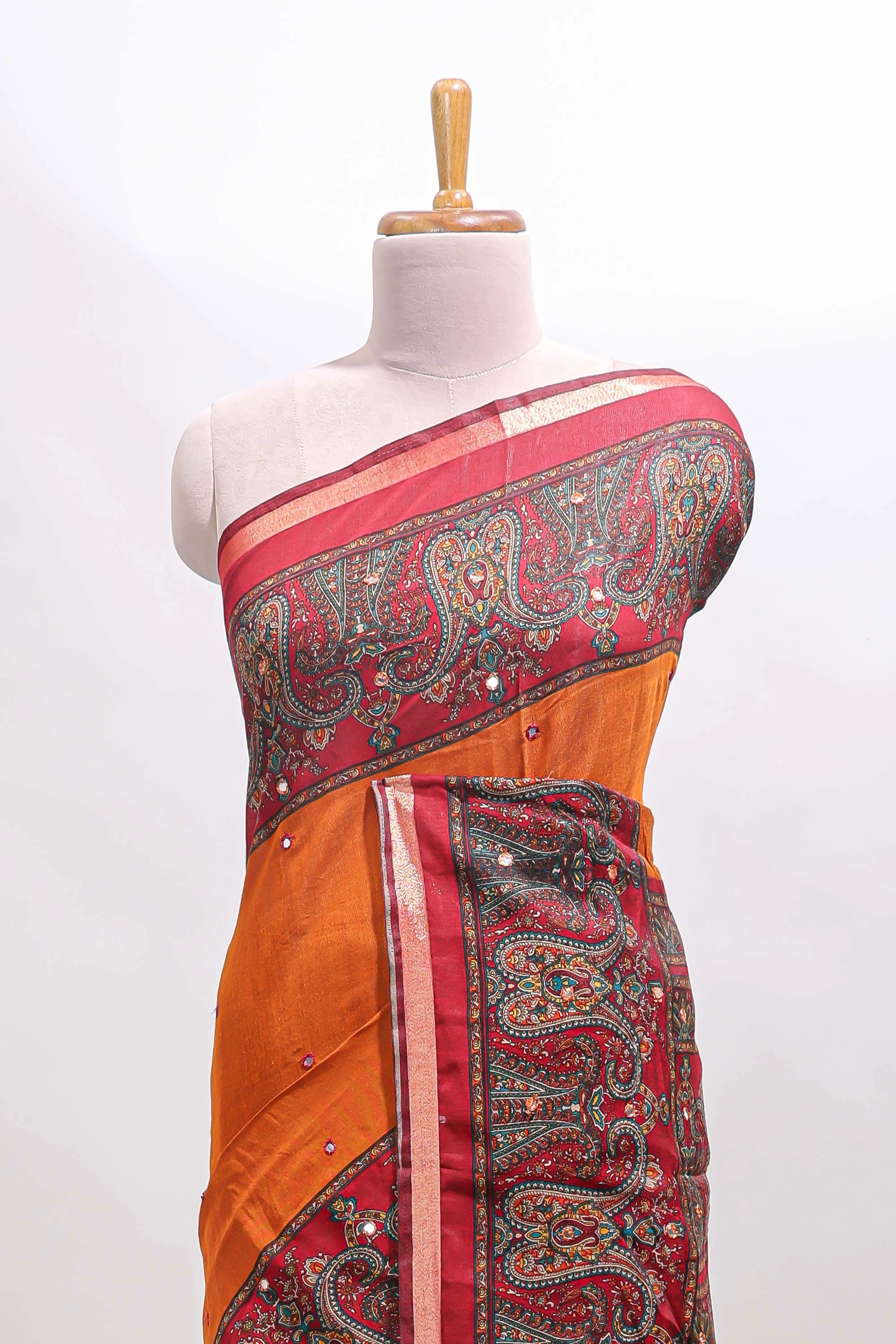 Orange mirror work embroidery design marsh mellow saree with contrast border and printed blouse - Image 3