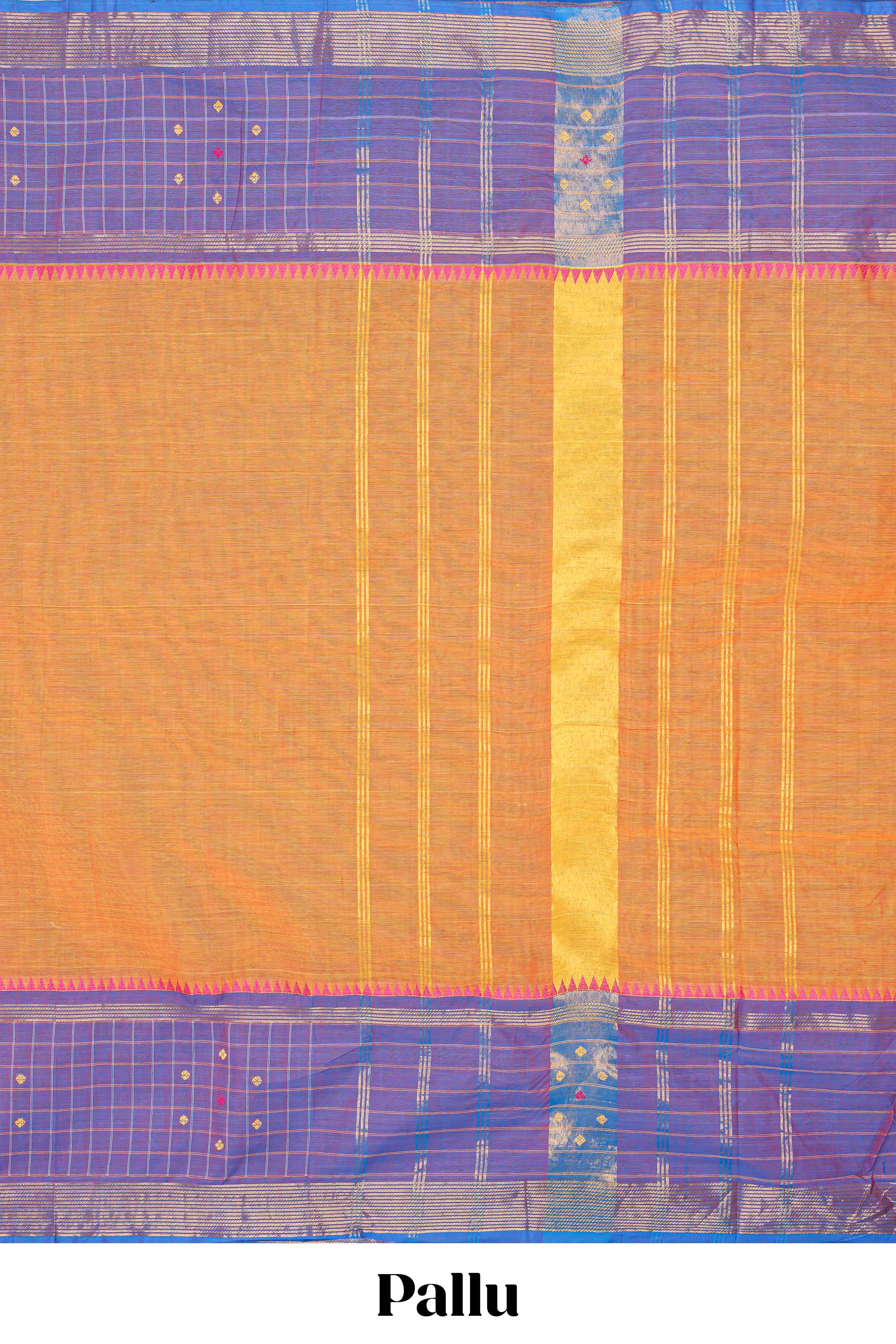 Orange plain chettinad cotton saree with contrast checked border and matching striped pallu - Image 2