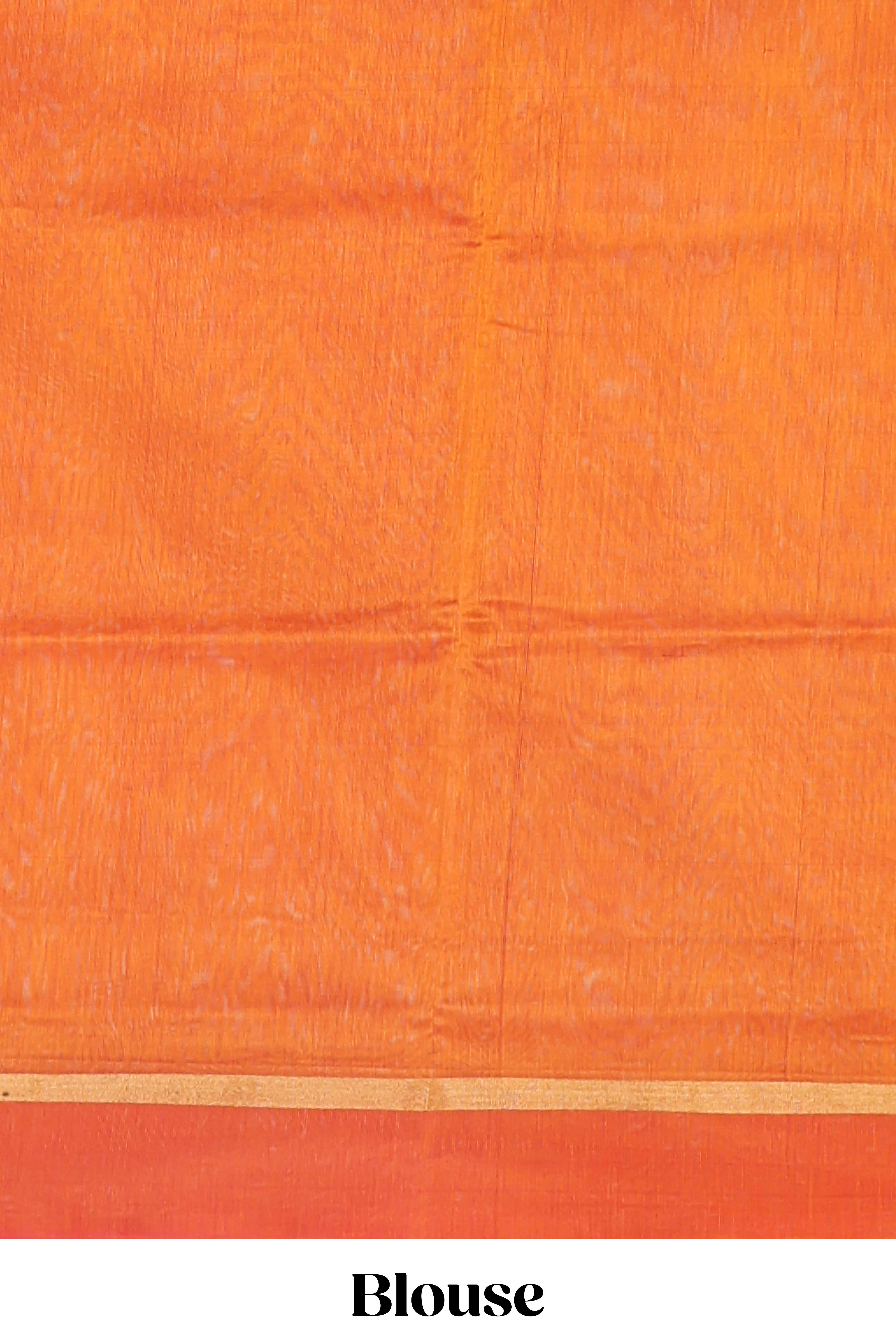 Orange plain ikkat cotton saree with contrast border and zari striped pallu - Image 3