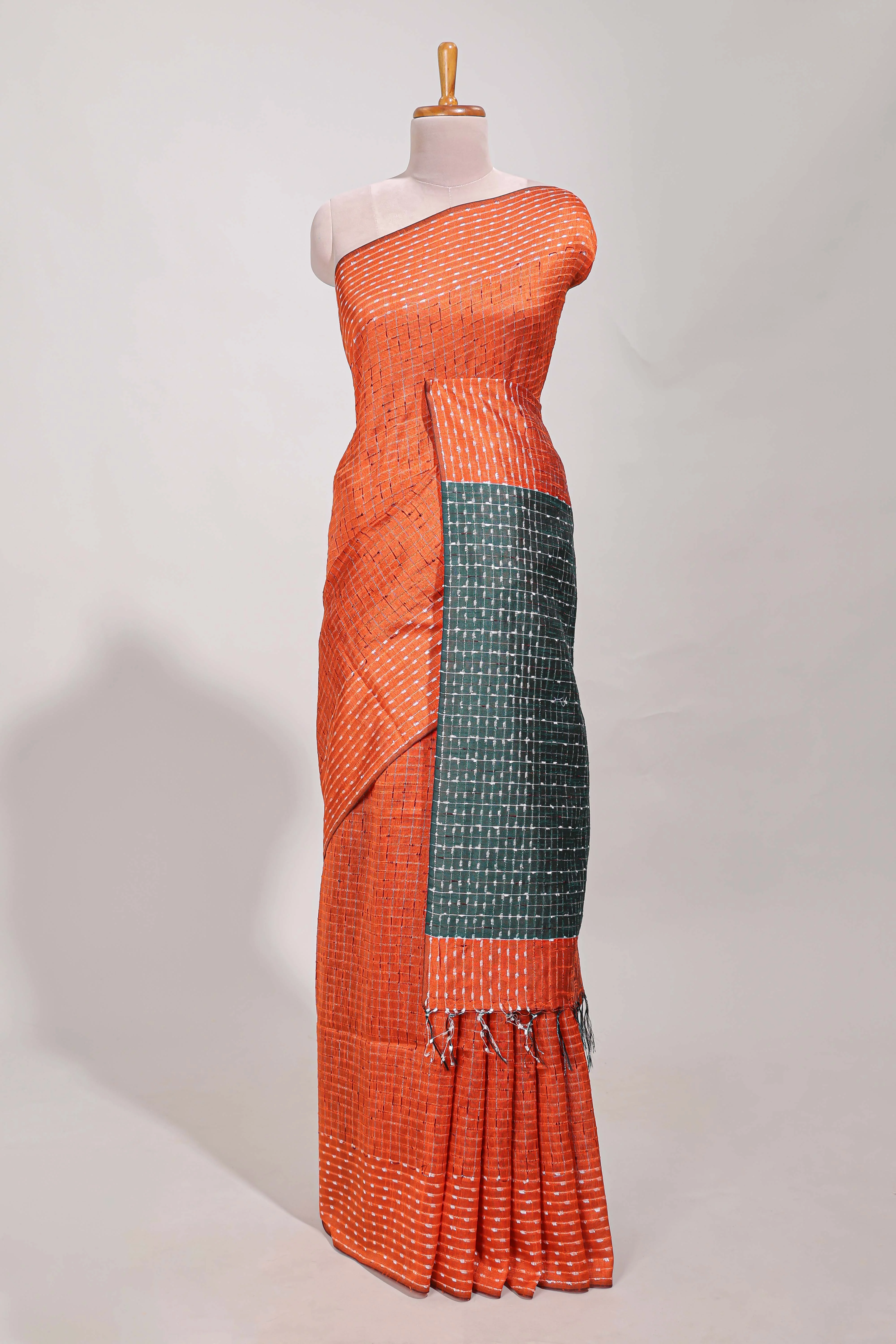 Orange semi tussar saree all embroidery work with contrast thread work pallu and contrast blouse