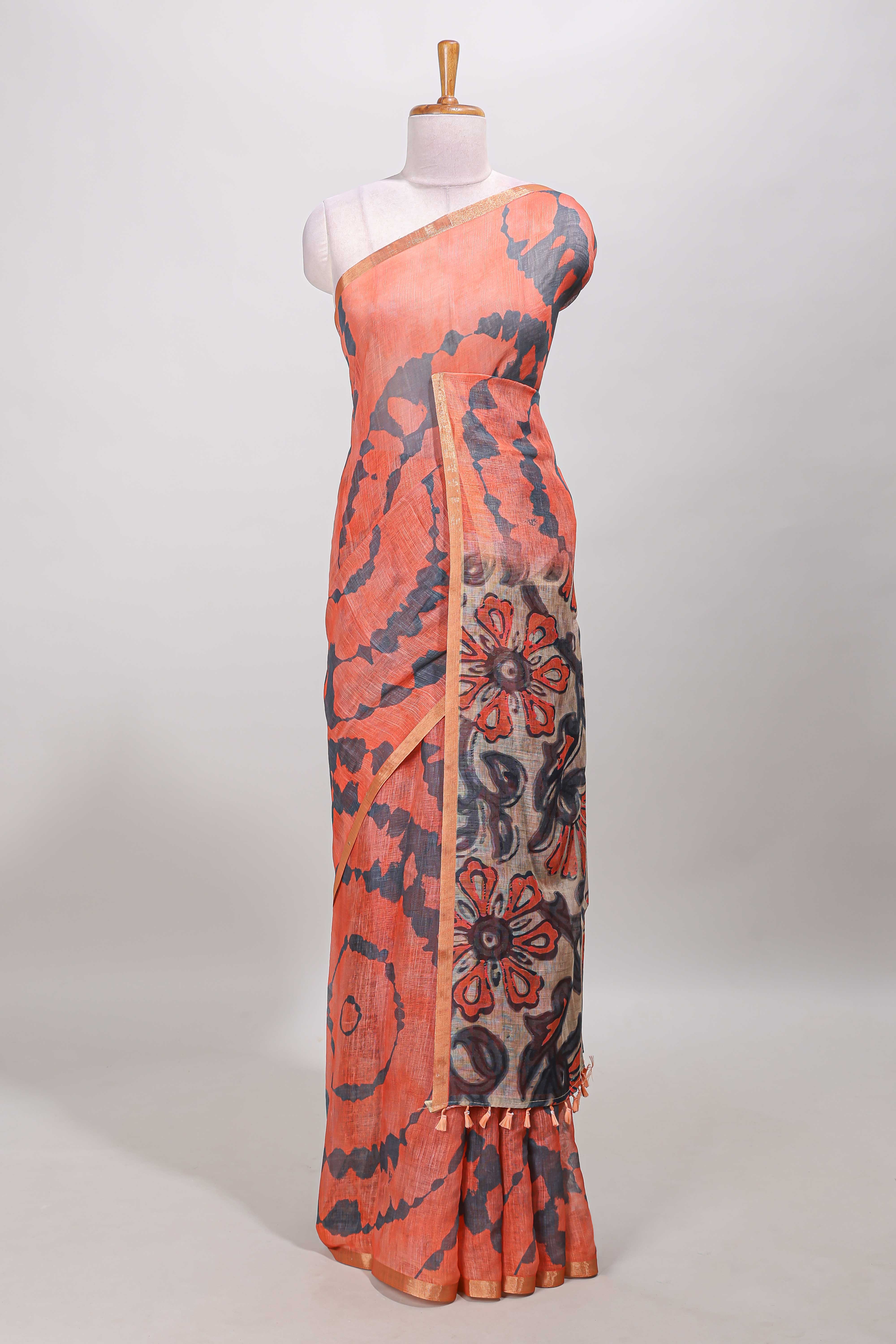 Orange shibori print linen cotton saree with self zari border and contrast printed pallu - Image 2