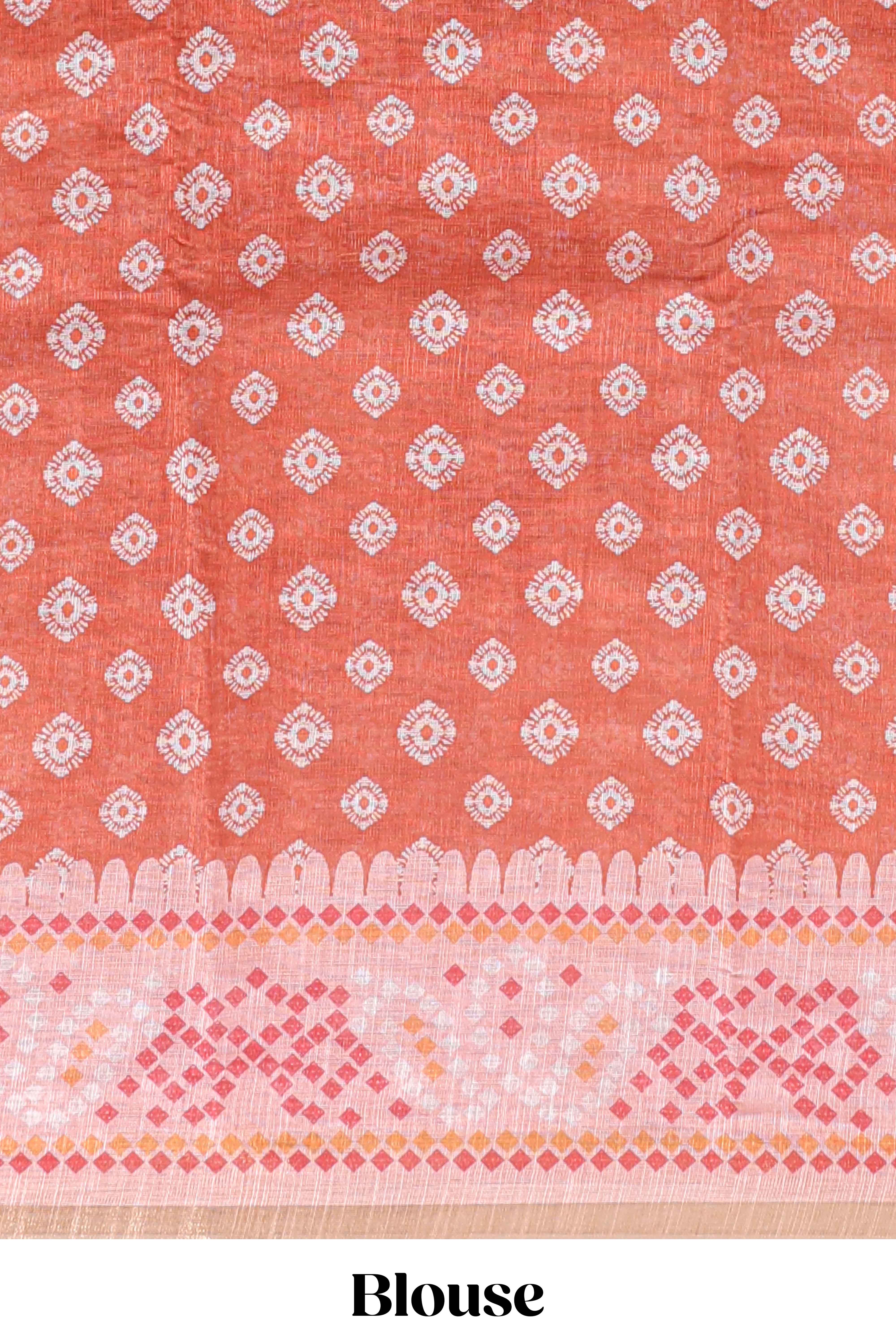 Orange shibori print motifs linen cotton saree with contrast border and matching blouse - Image 5
