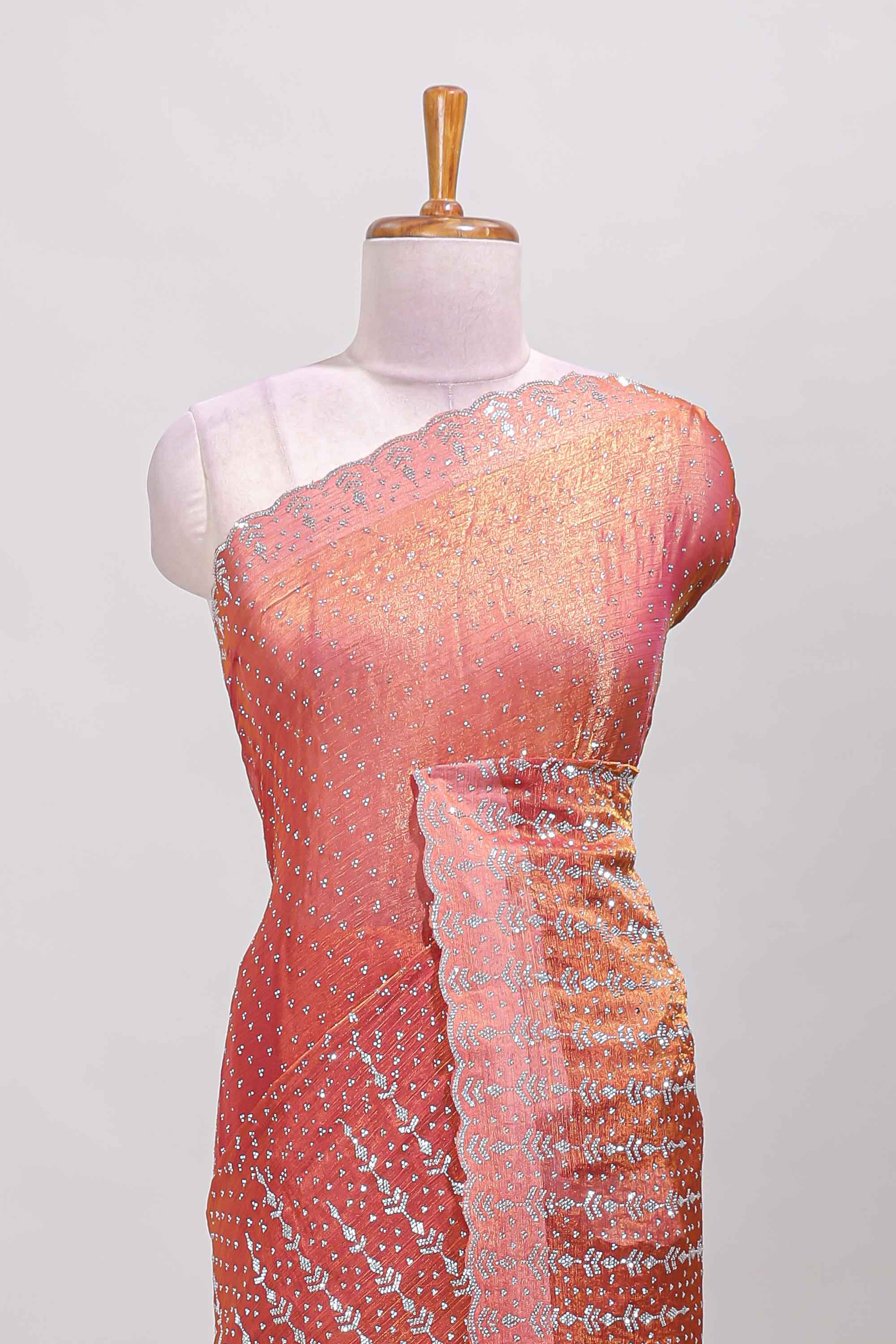 Orange stone work designer saree with self scallop design border and matching blouse - Image 3