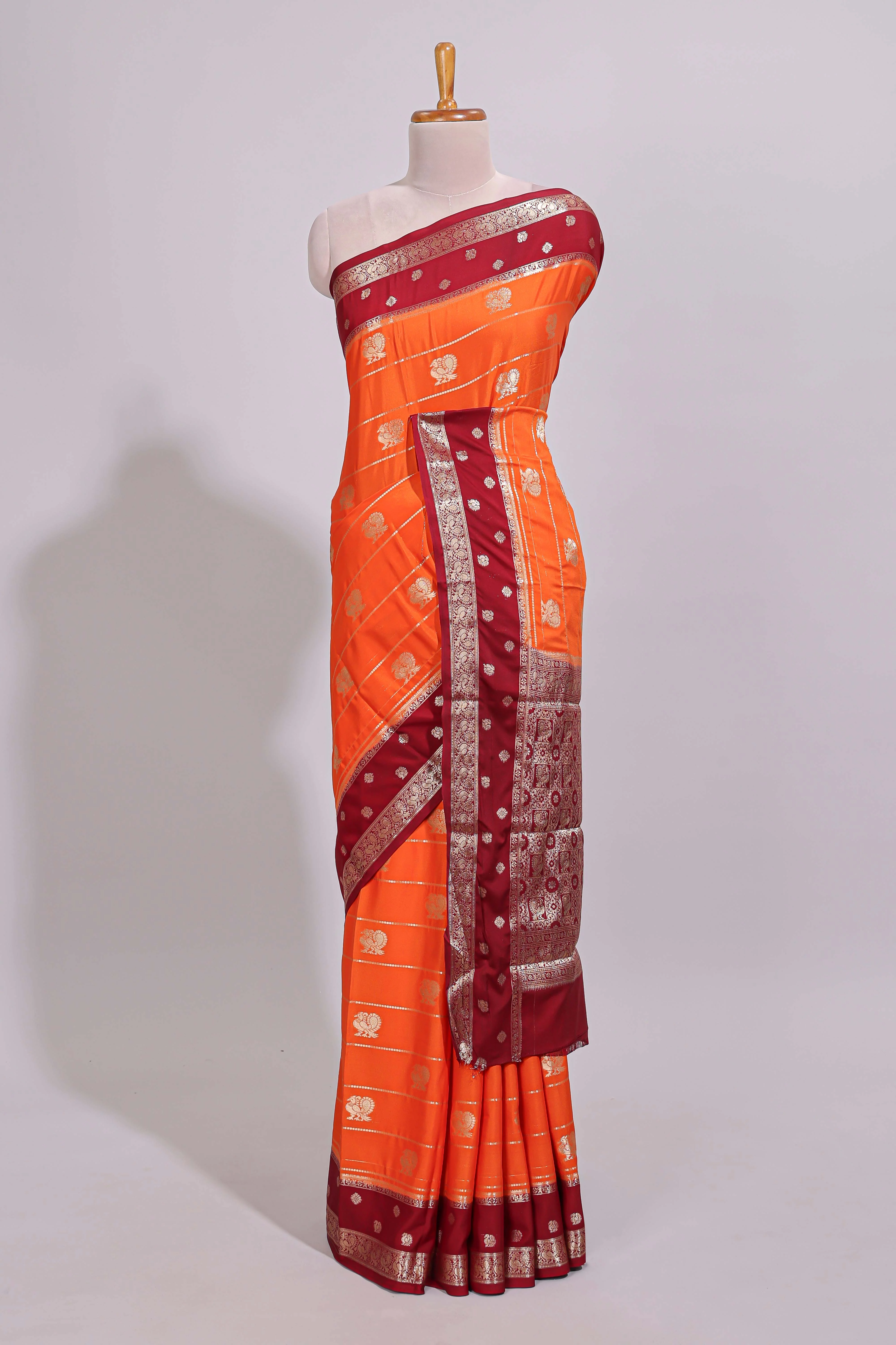 Orange striped bird zari butta dola silk saree with contrast zari border and blouse - Image 2