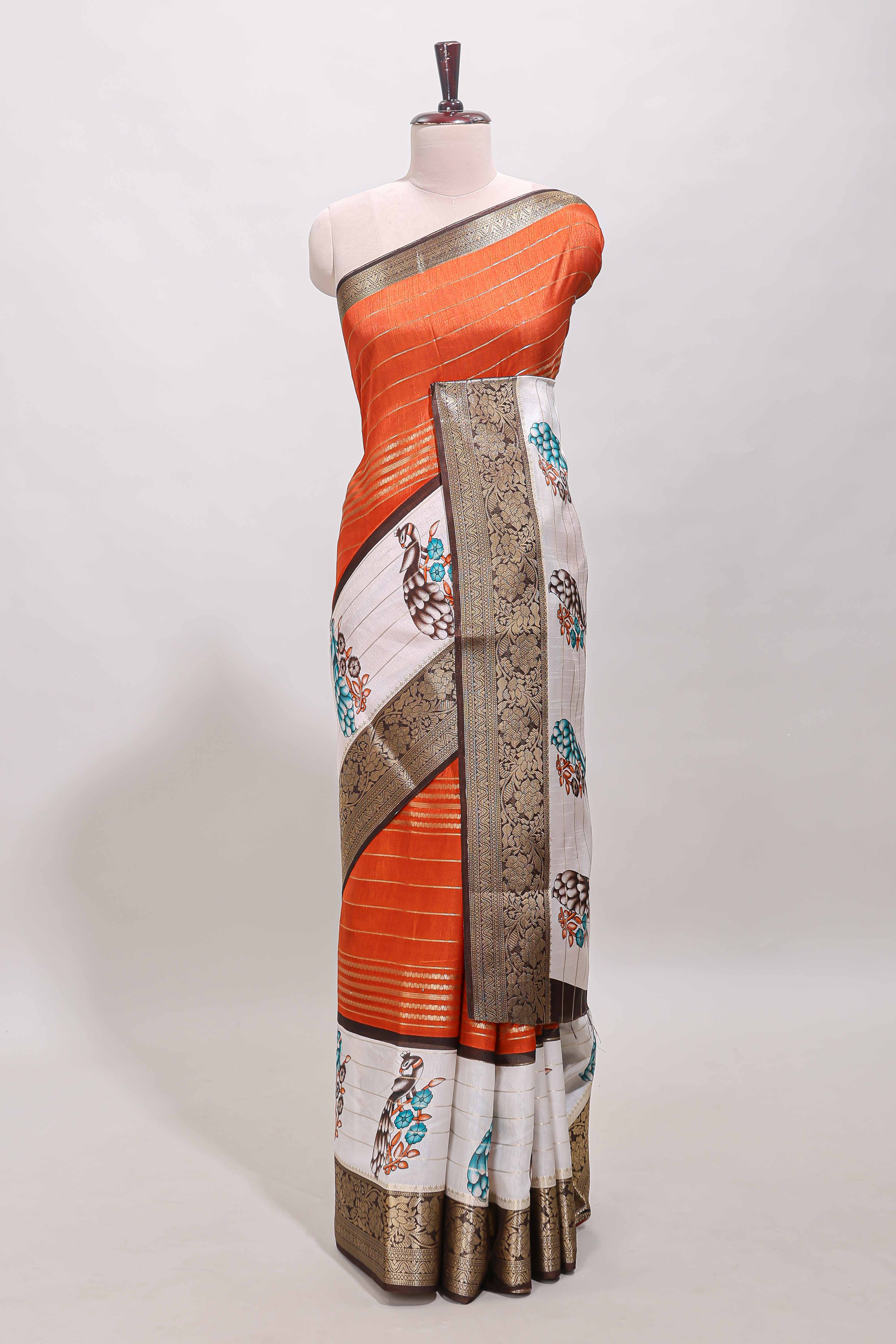 Orange stripes dola silk saree with bottom peacock design, contrast zari border and printed pallu - Image 2