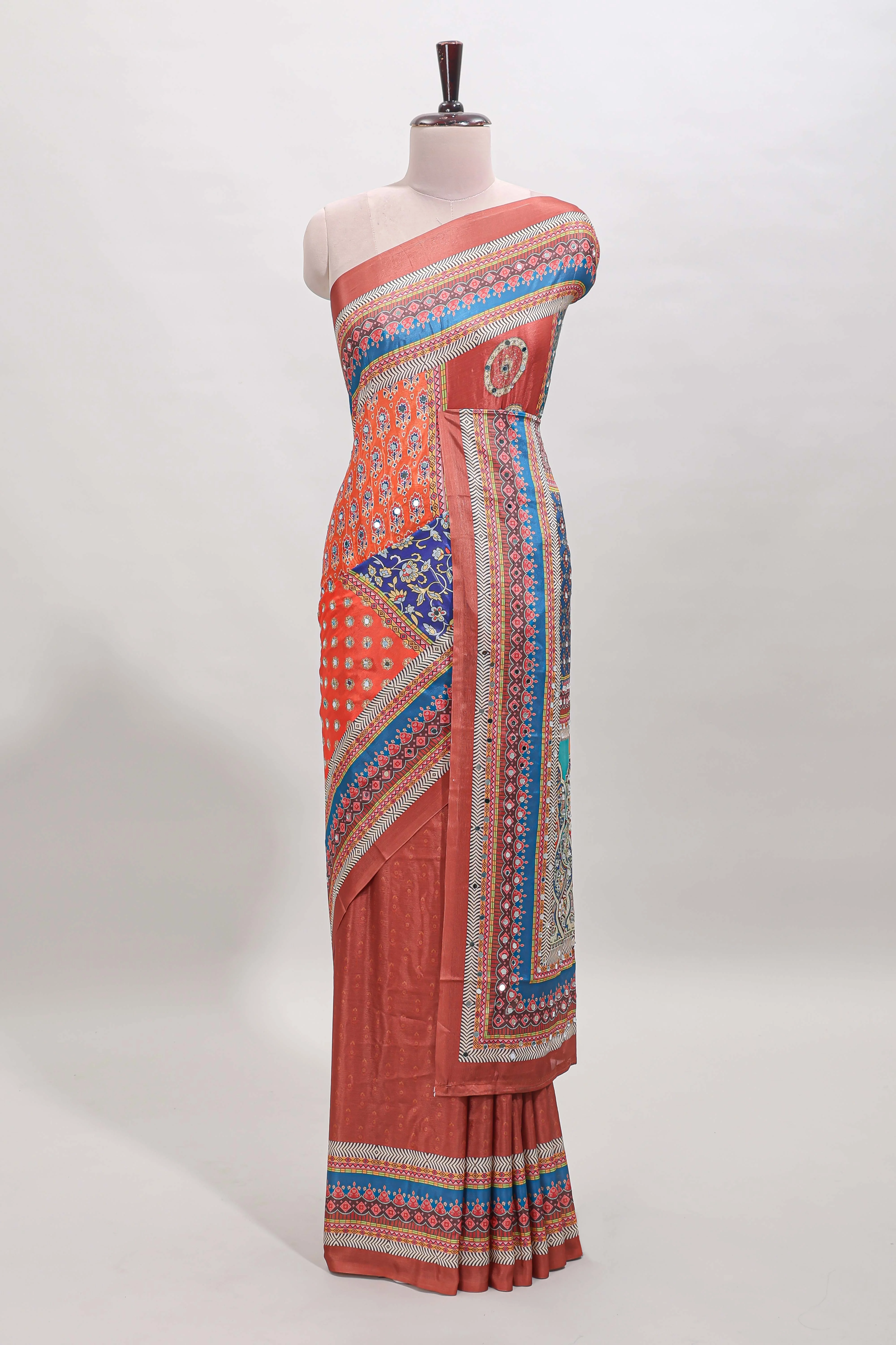 Brick red floral design mirror work masakali saree with self border and matching blouse - Image 2