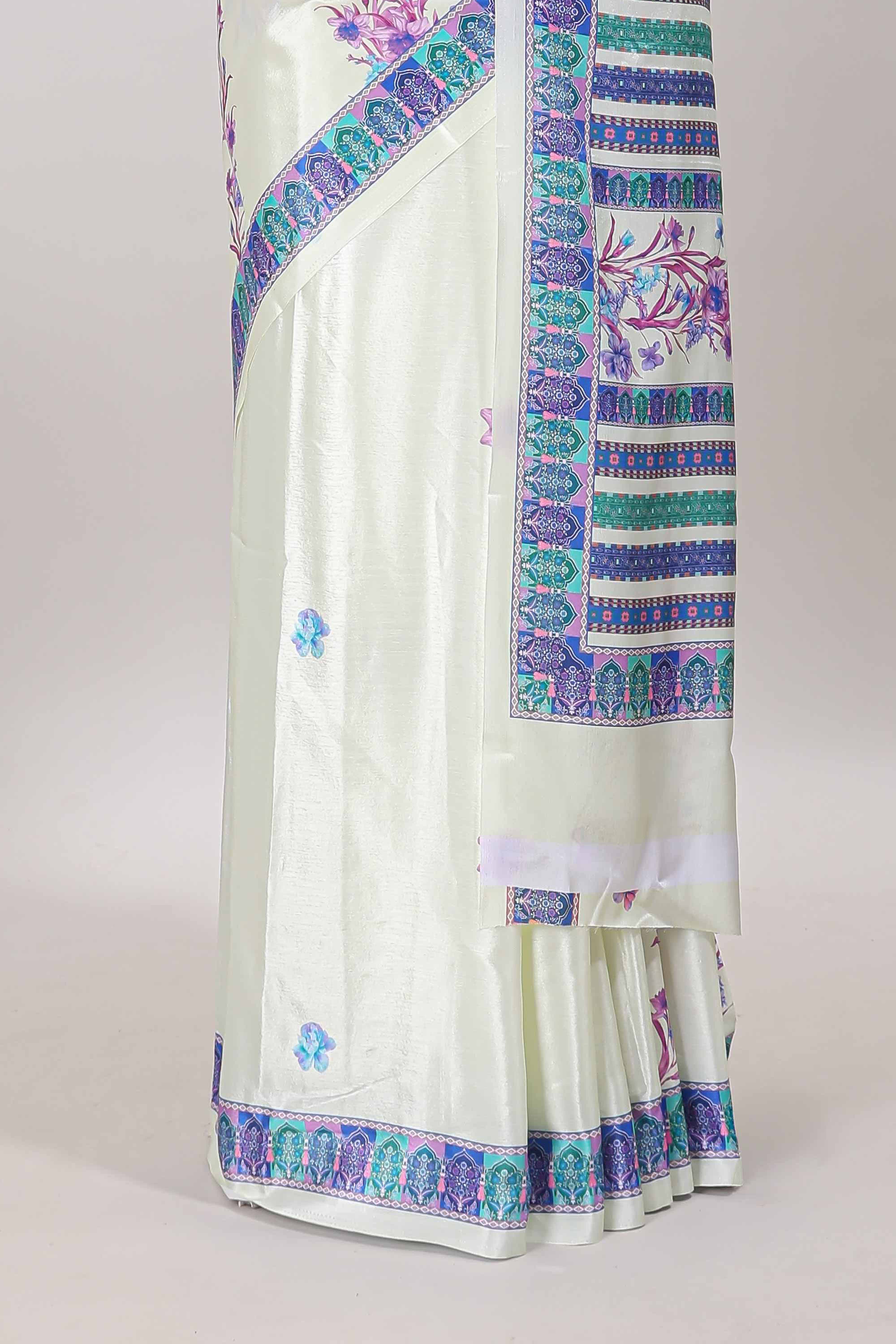 Cream floral print georgette saree with self floral design border matching striped pallu - Image 4